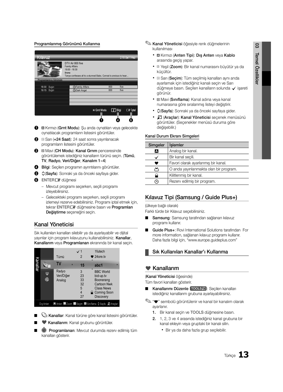 Samsung UE65C8000XWXXC, UE65C8000XWXXH manual Kanal Yöneticisi, Kılavuz Tipi Samsung / Guide Plus+, Kanallarım 