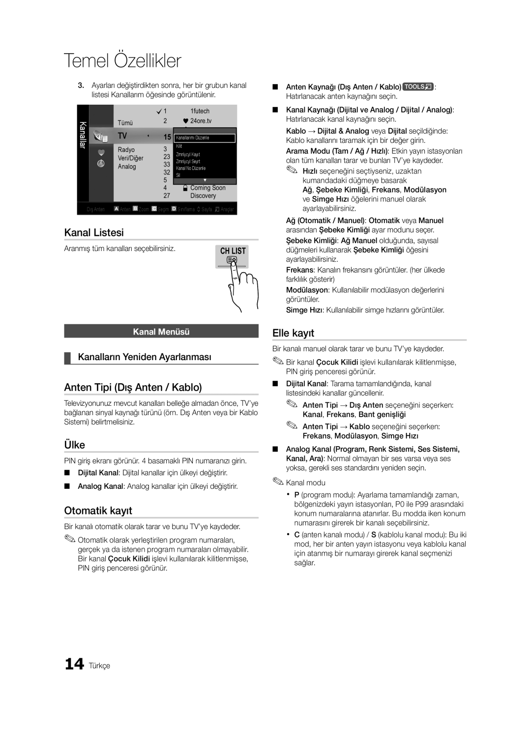 Samsung UE65C8000XWXXH, UE65C8000XWXXC manual Kanal Listesi, Anten Tipi Dış Anten / Kablo, Ülke, Otomatik kayıt, Elle kayıt 