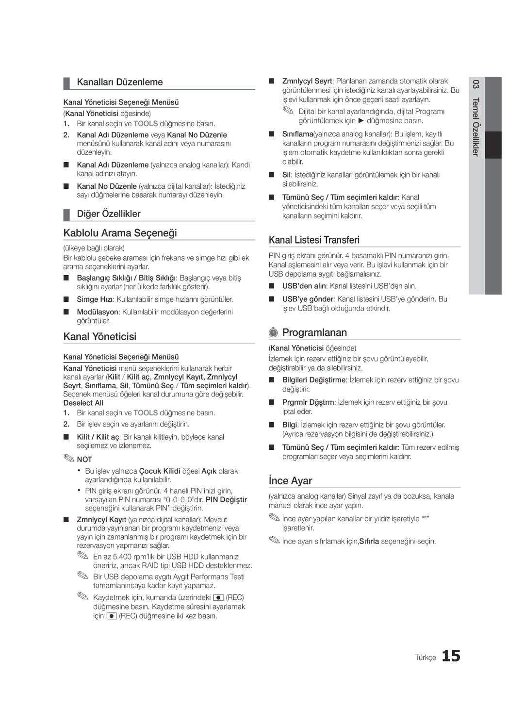 Samsung UE65C8000XWXXC, UE65C8000XWXXH manual Kablolu Arama Seçeneği, Kanal Listesi Transferi, Programlanan, İnce Ayar 