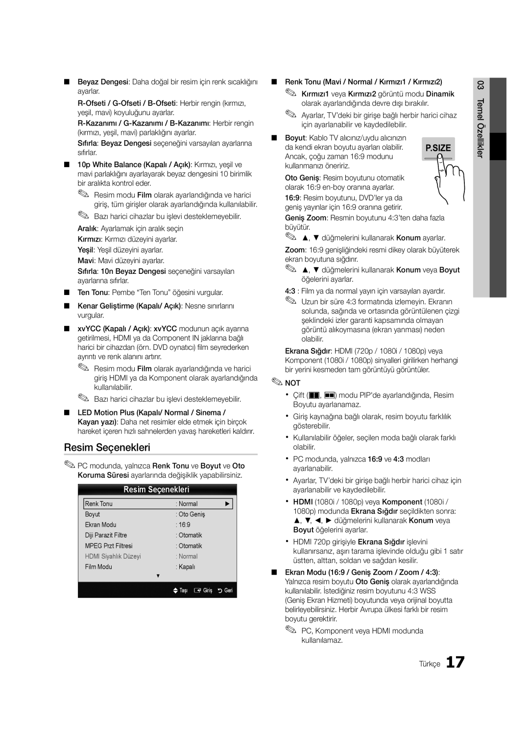 Samsung UE65C8000XWXXC, UE65C8000XWXXH manual Resim Seçenekleri, Renk Tonu Mavi / Normal / Kırmızı1 / Kırmızı2 