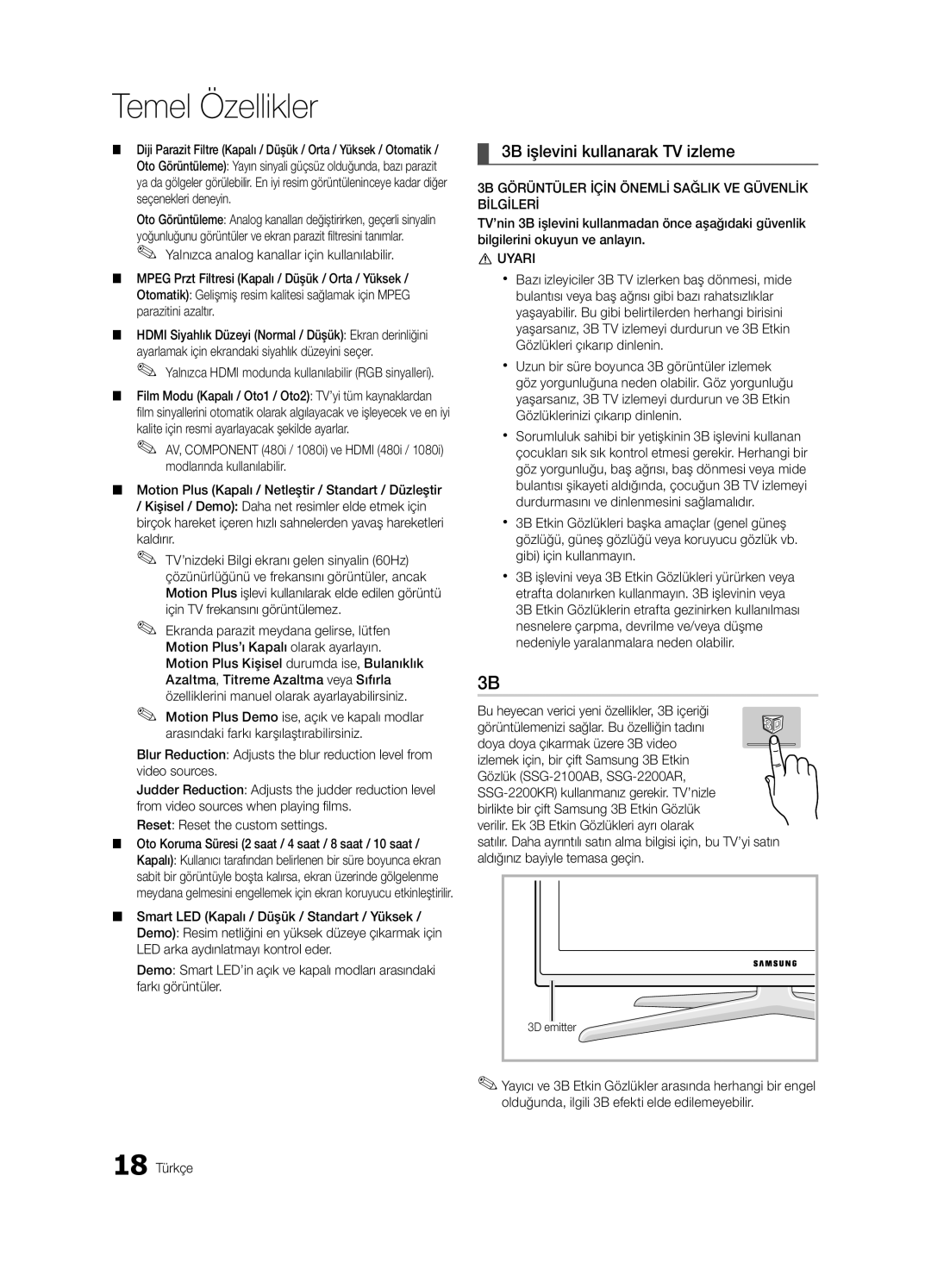 Samsung UE65C8000XWXXH, UE65C8000XWXXC manual 3B işlevini kullanarak TV izleme, Uyari 