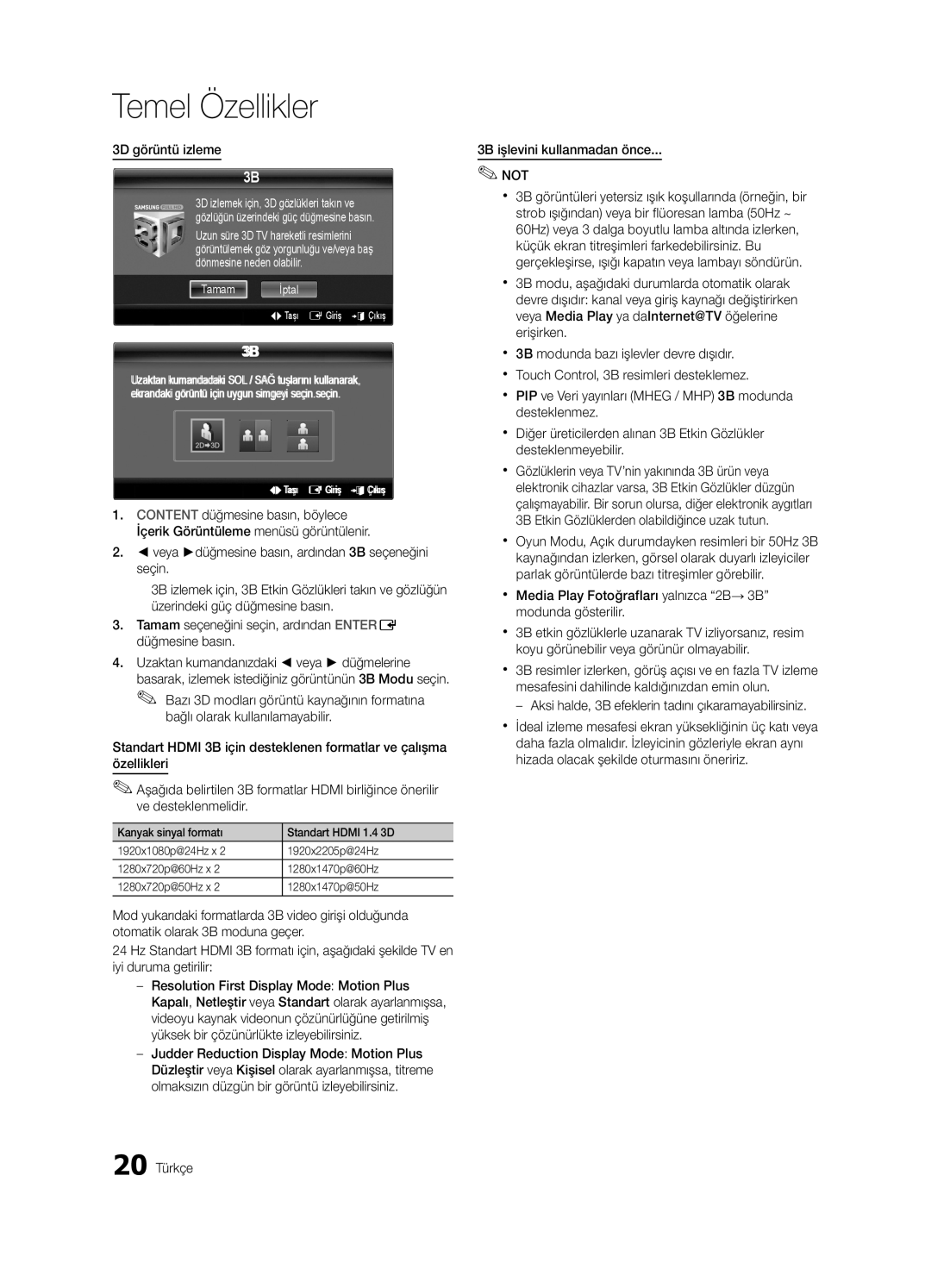 Samsung UE65C8000XWXXH, UE65C8000XWXXC manual 3D görüntü izleme, 3B işlevini kullanmadan önce, Tamam İptal 