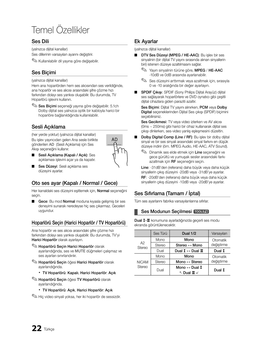 Samsung UE65C8000XWXXH manual Ses Dili, Ses Biçimi, Sesli Açıklama, Oto ses ayar Kapalı / Normal / Gece, Ek Ayarlar 