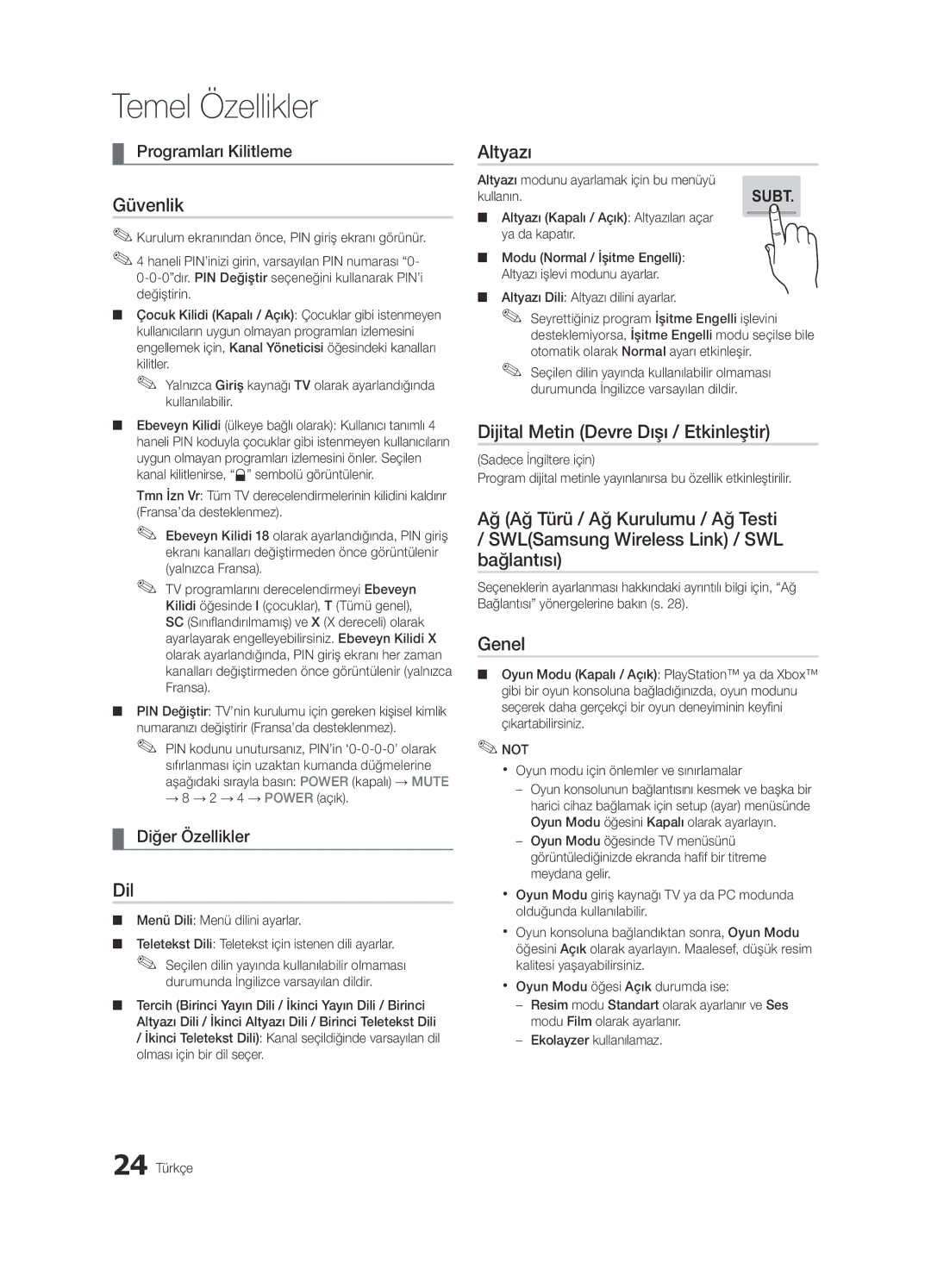 Samsung UE65C8000XWXXH, UE65C8000XWXXC manual Güvenlik, Dil, Altyazı, Dijital Metin Devre Dışı / Etkinleştir, Genel 