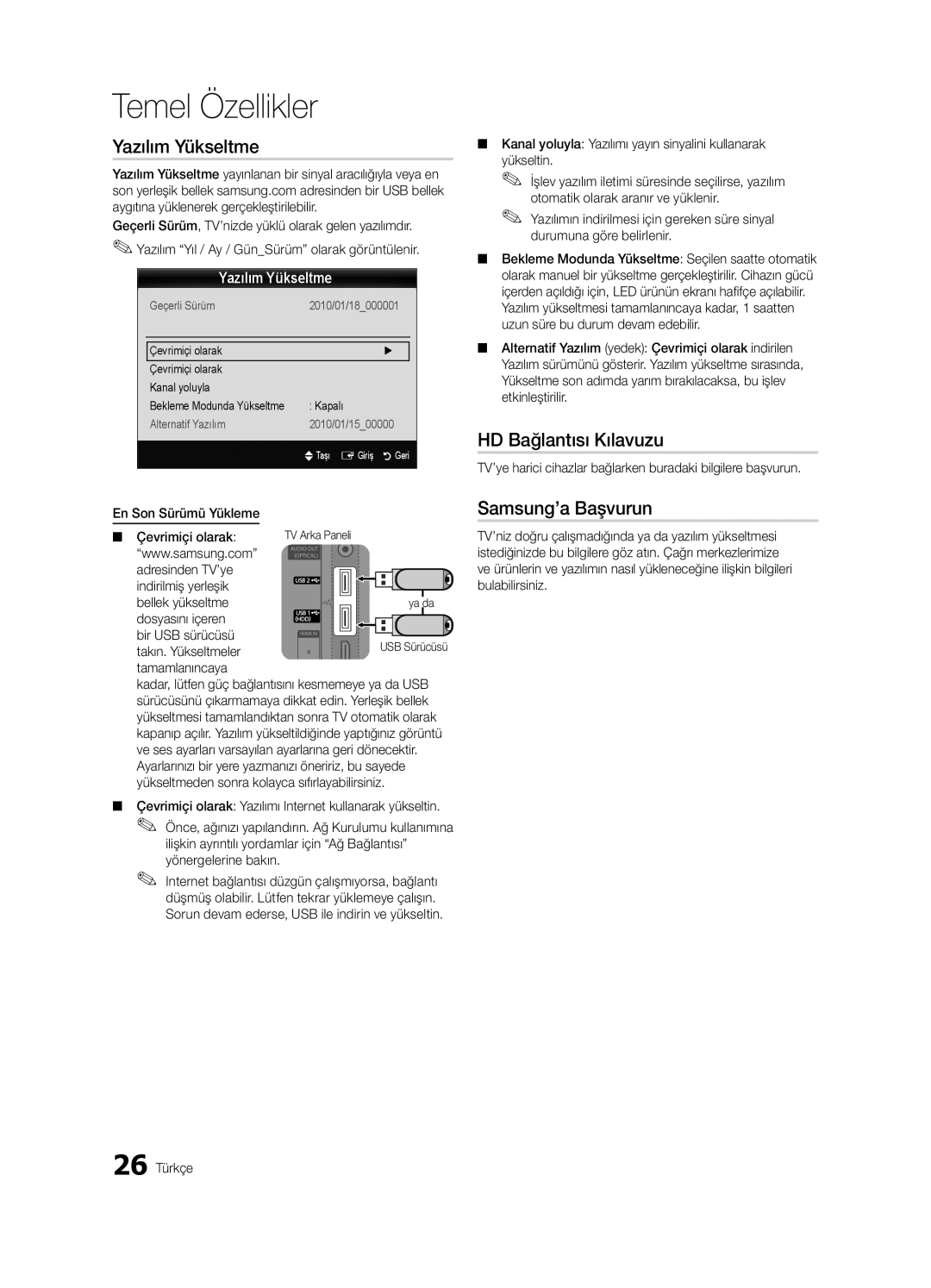 Samsung UE65C8000XWXXH, UE65C8000XWXXC manual Yazılım Yükseltme, HD Bağlantısı Kılavuzu, Samsung’a Başvurun 