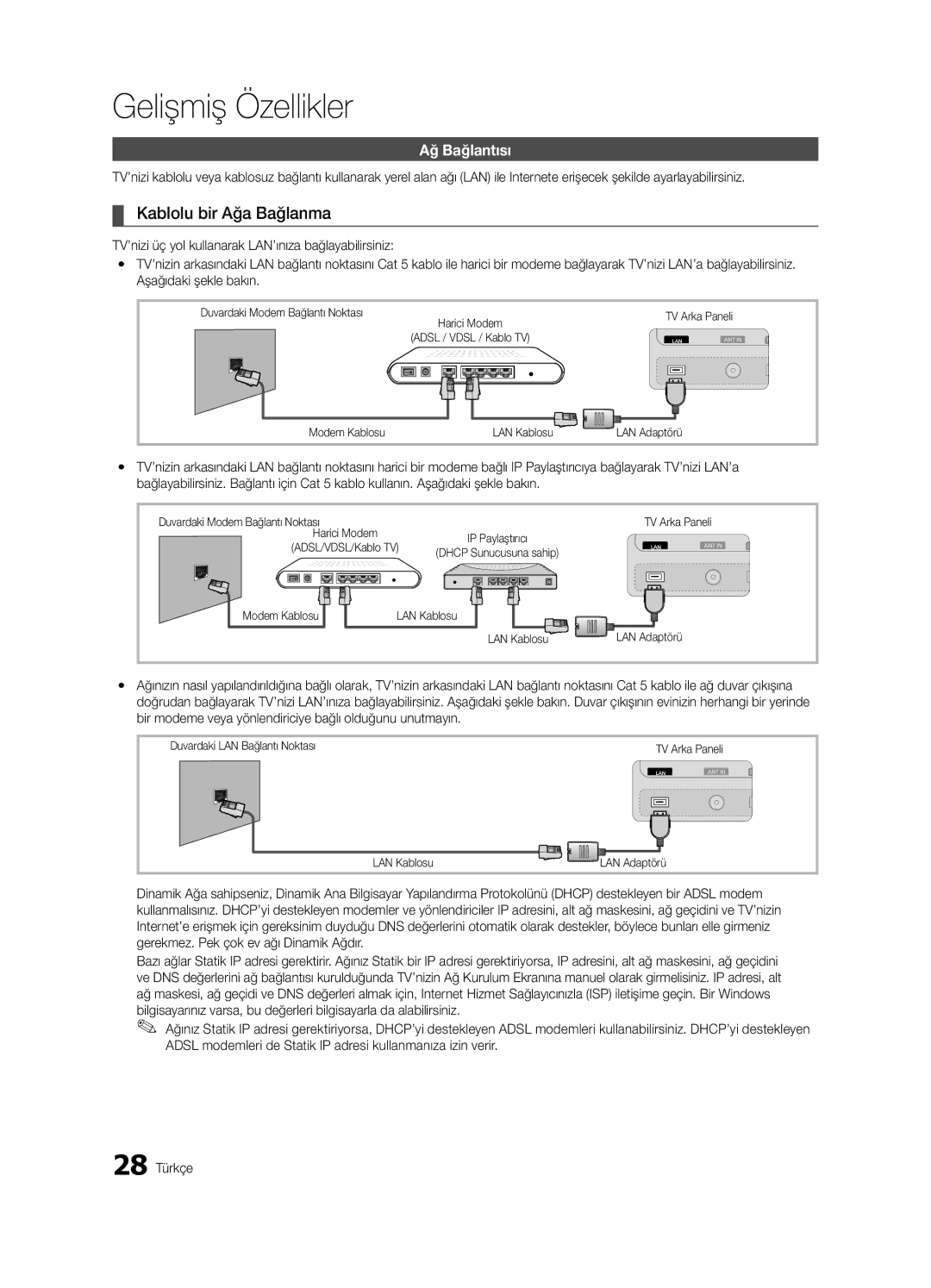 Samsung UE65C8000XWXXH, UE65C8000XWXXC manual Kablolu bir Ağa Bağlanma, Ağ Bağlantısı, Aşağıdaki şekle bakın 