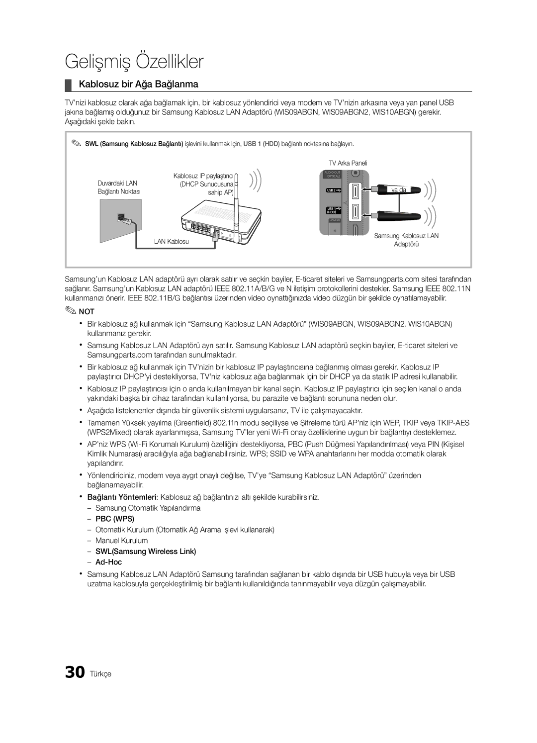 Samsung UE65C8000XWXXH, UE65C8000XWXXC manual Kablosuz bir Ağa Bağlanma, 30 Türkçe 