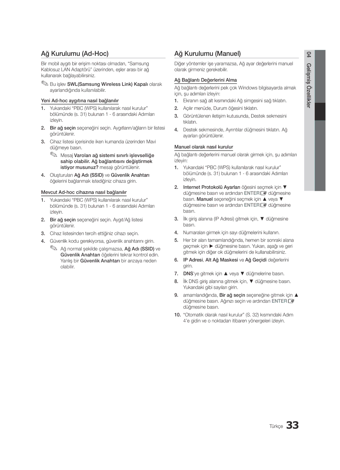 Samsung UE65C8000XWXXC, UE65C8000XWXXH manual Ağ Kurulumu Ad-Hoc, 04ÖzelliklerGelişmiş Türkçe 