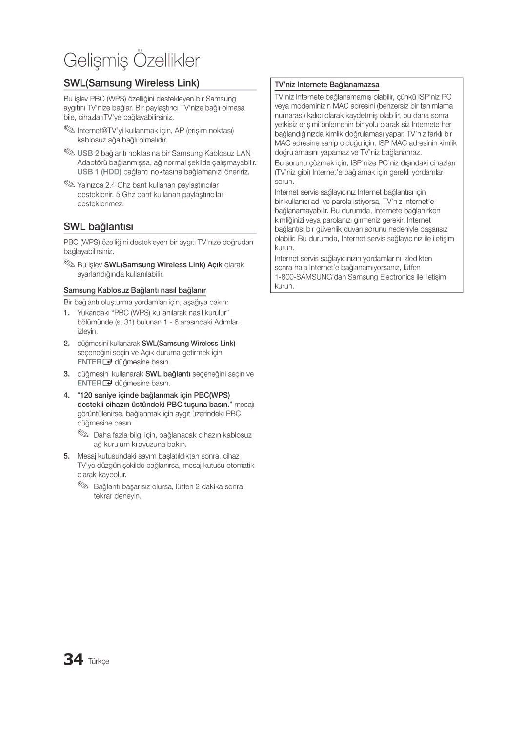 Samsung UE65C8000XWXXH, UE65C8000XWXXC manual SWL bağlantısı, SAMSUNG’dan Samsung Electronics ile iletişim kurun 34 Türkçe 