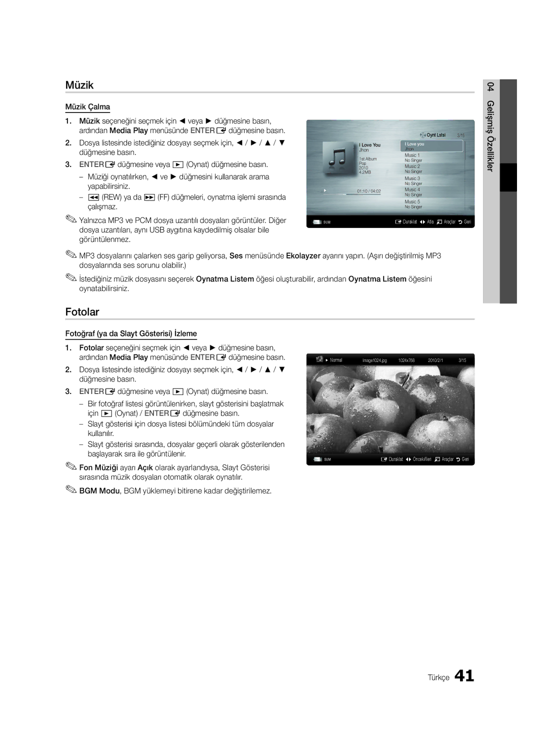 Samsung UE65C8000XWXXC, UE65C8000XWXXH manual Müzik, Fotolar 