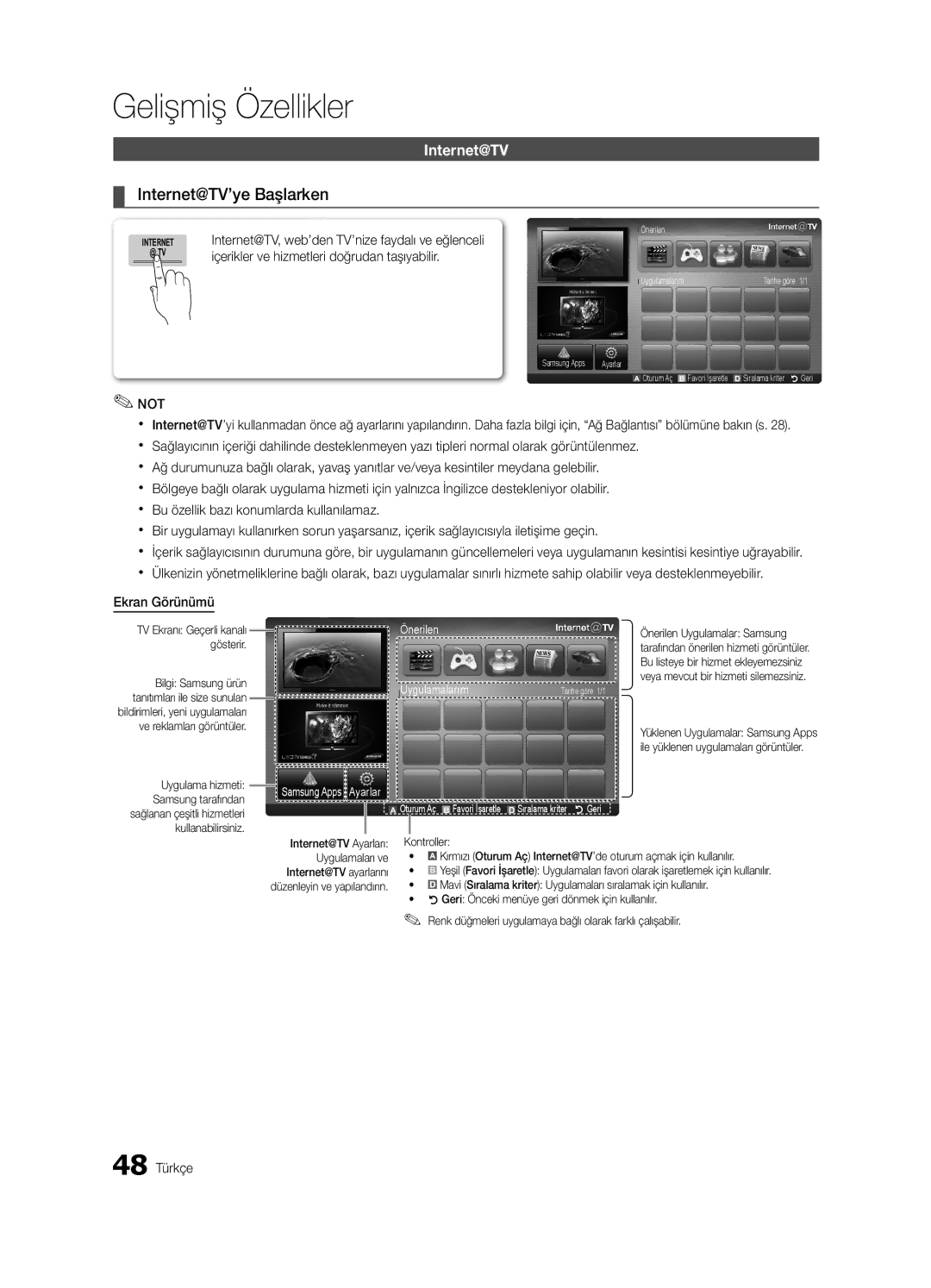 Samsung UE65C8000XWXXH, UE65C8000XWXXC manual Internet@TV’ye Başlarken, Ekran Görünümü, 48 Türkçe, Uygulamalarım 