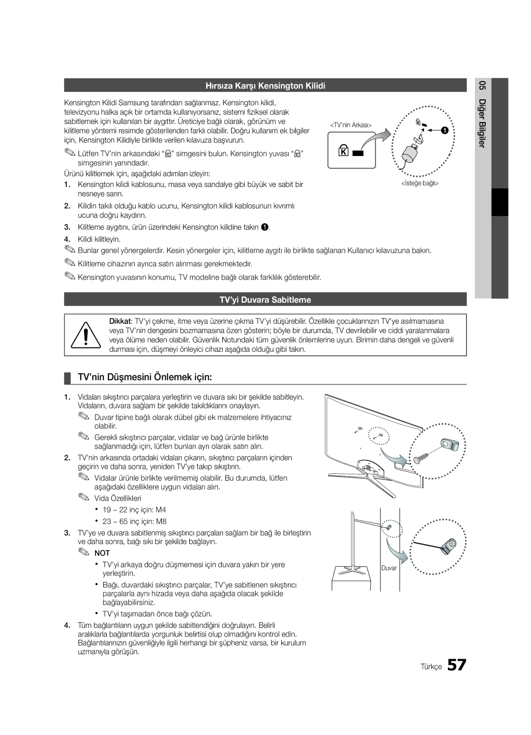 Samsung UE65C8000XWXXC manual TV’nin Düşmesini Önlemek için, Hırsıza Karşı Kensington Kilidi, TV’yi Duvara Sabitleme 