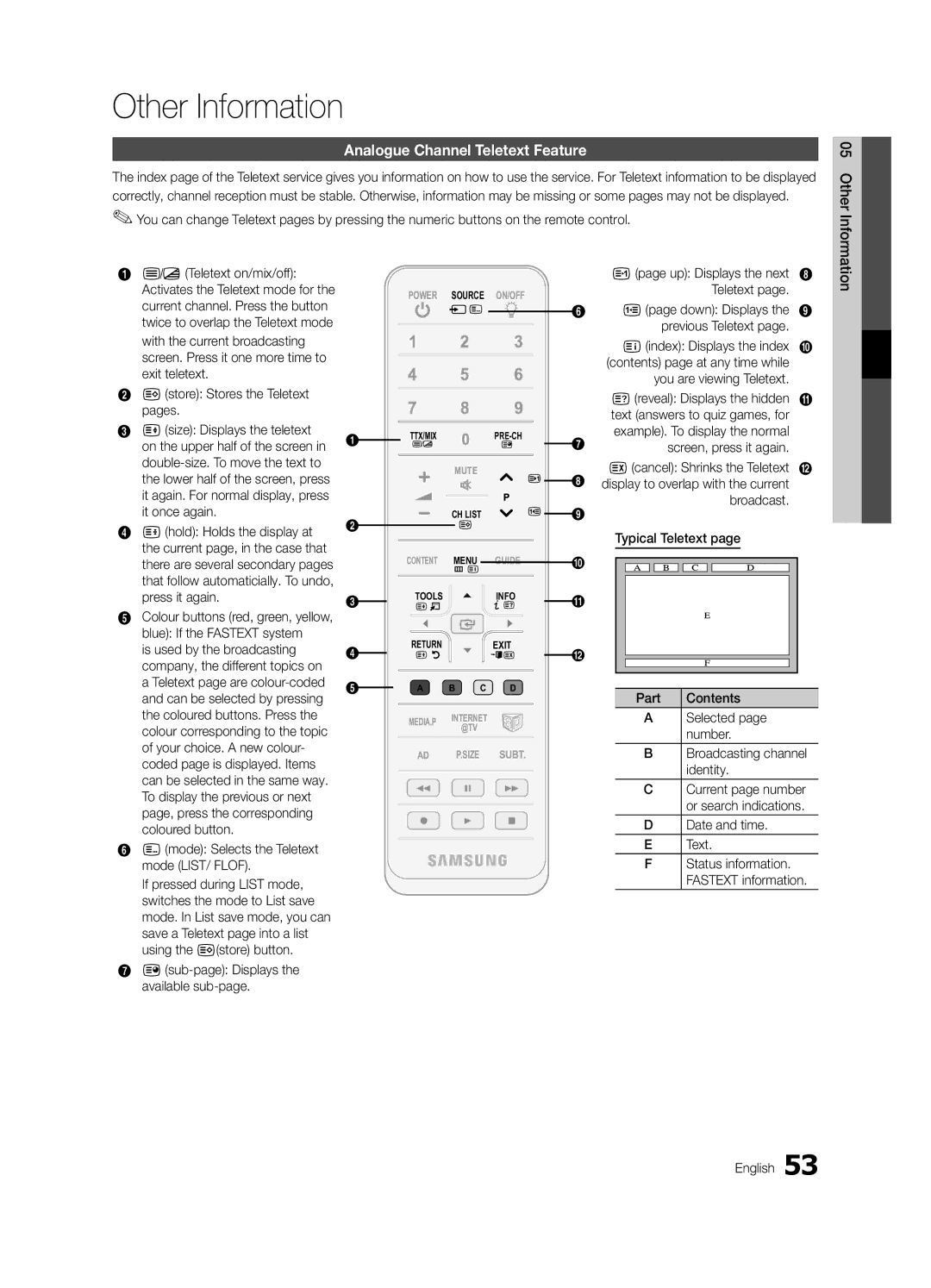 Samsung UE65C8000XWXXC, UE65C8000XWXXH manual Other Information, Analogue Channel Teletext Feature 