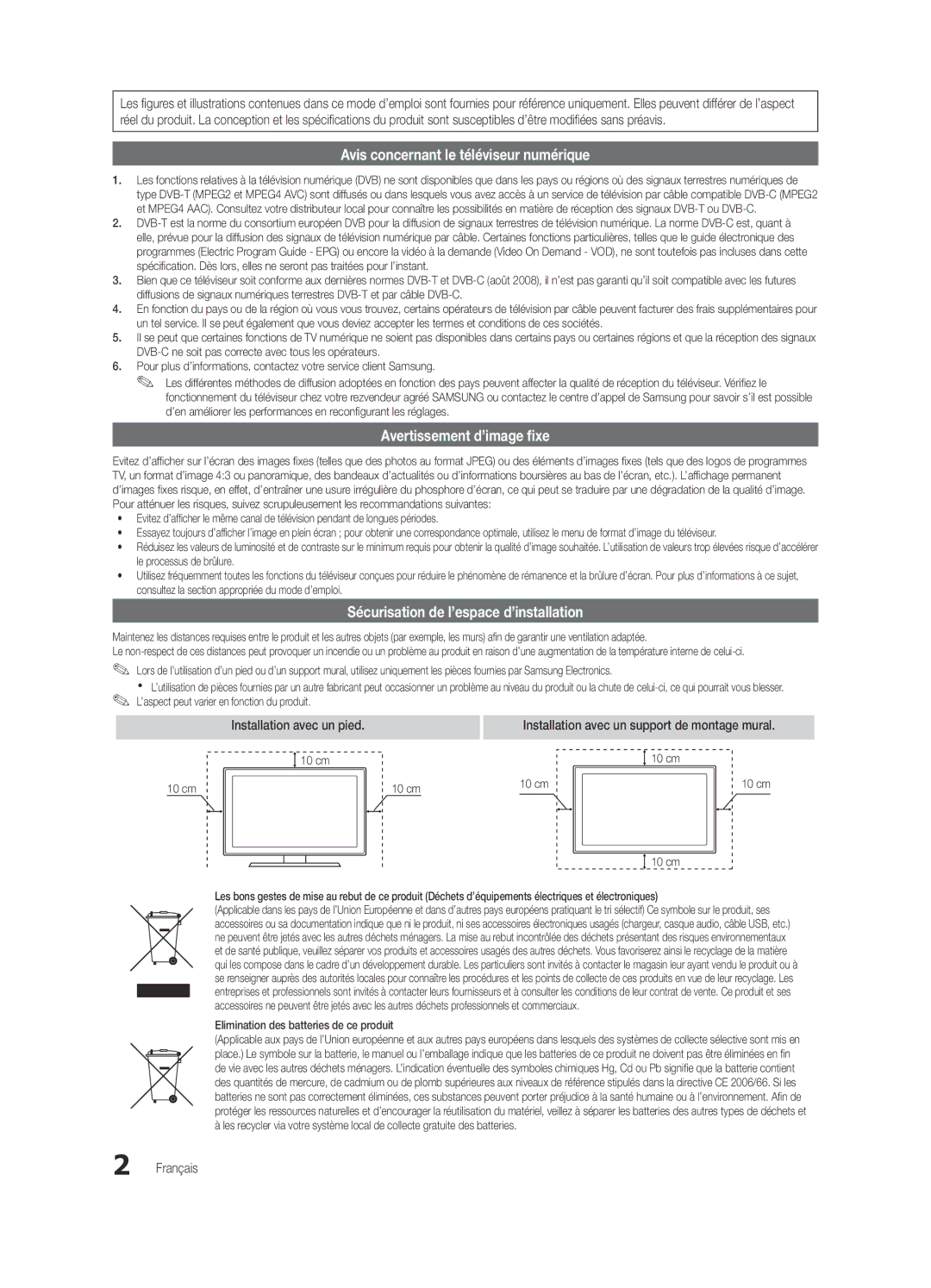 Samsung UE65C8000XWXXH, UE65C8000XWXXC manual 10 cm, Elimination des batteries de ce produit 