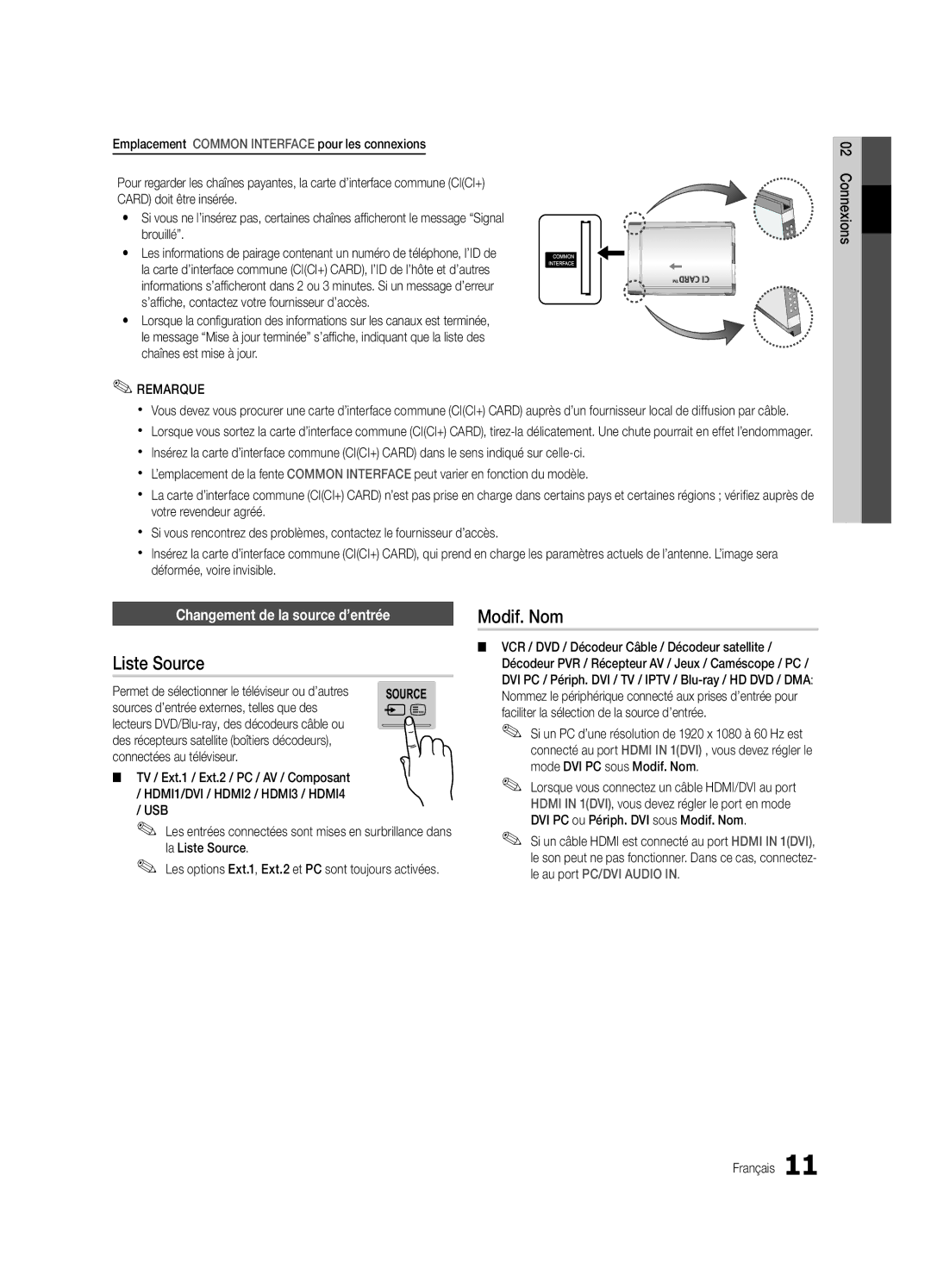 Samsung UE65C8000XWXXC, UE65C8000XWXXH manual Modif. Nom, Changement de la source d’entrée, La Liste Source 