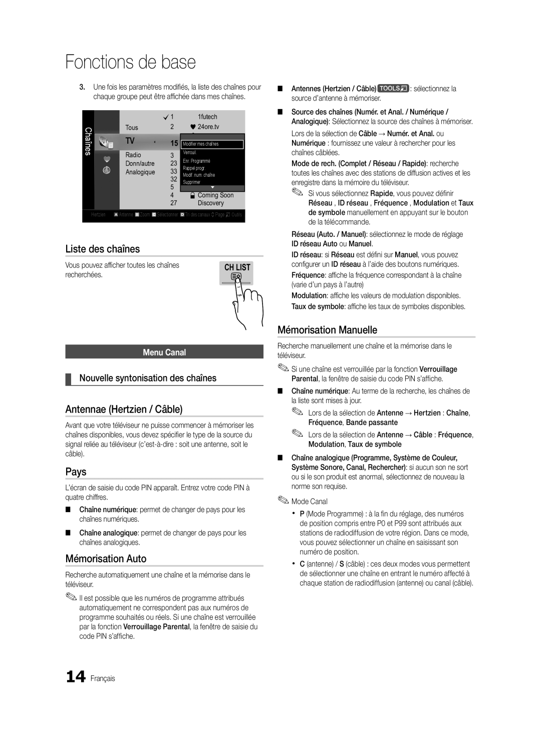 Samsung UE65C8000XWXXH manual Liste des chaînes, Antennae Hertzien / Câble, Pays, Mémorisation Auto, Mémorisation Manuelle 