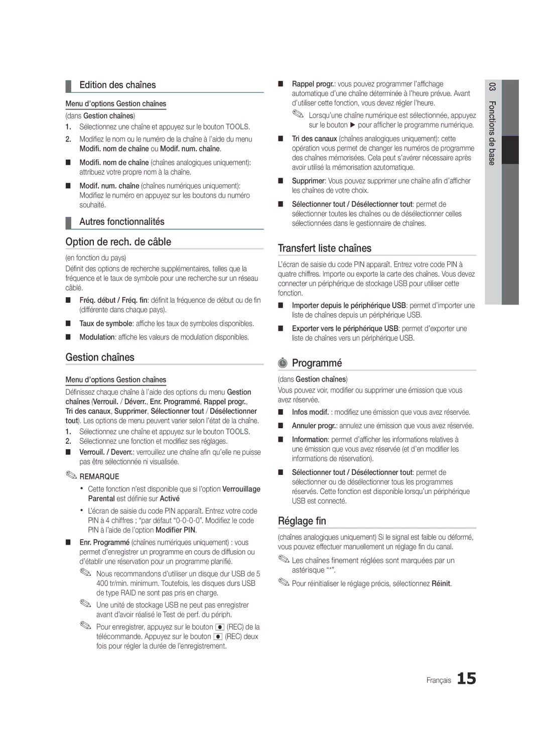 Samsung UE65C8000XWXXC, UE65C8000XWXXH manual Option de rech. de câble, Transfert liste chaînes, Programmé, Réglage fin 