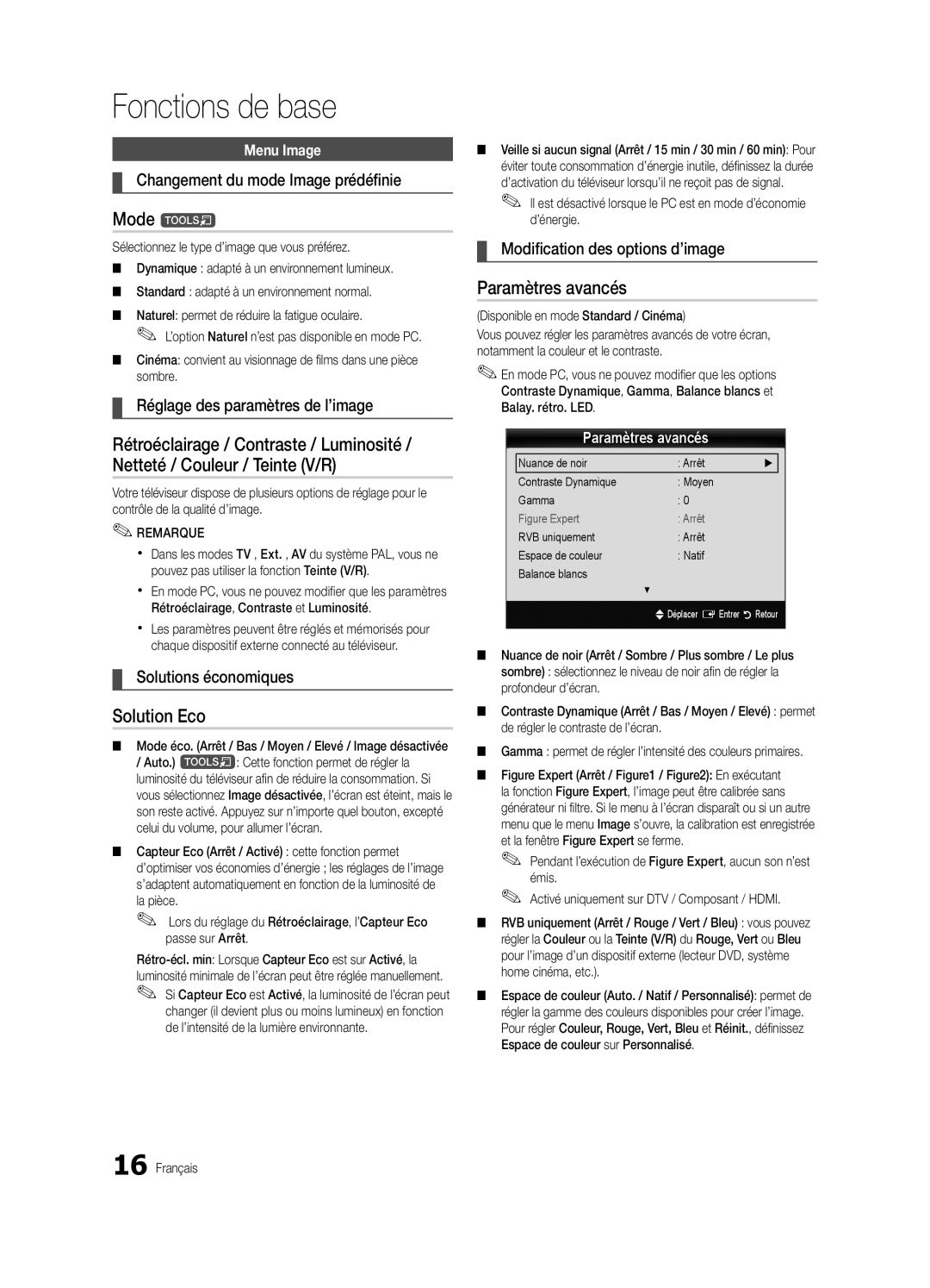 Samsung UE65C8000XWXXH manual Solution Eco, Paramètres avancés, Changement du mode Image prédéfinie, Solutions économiques 