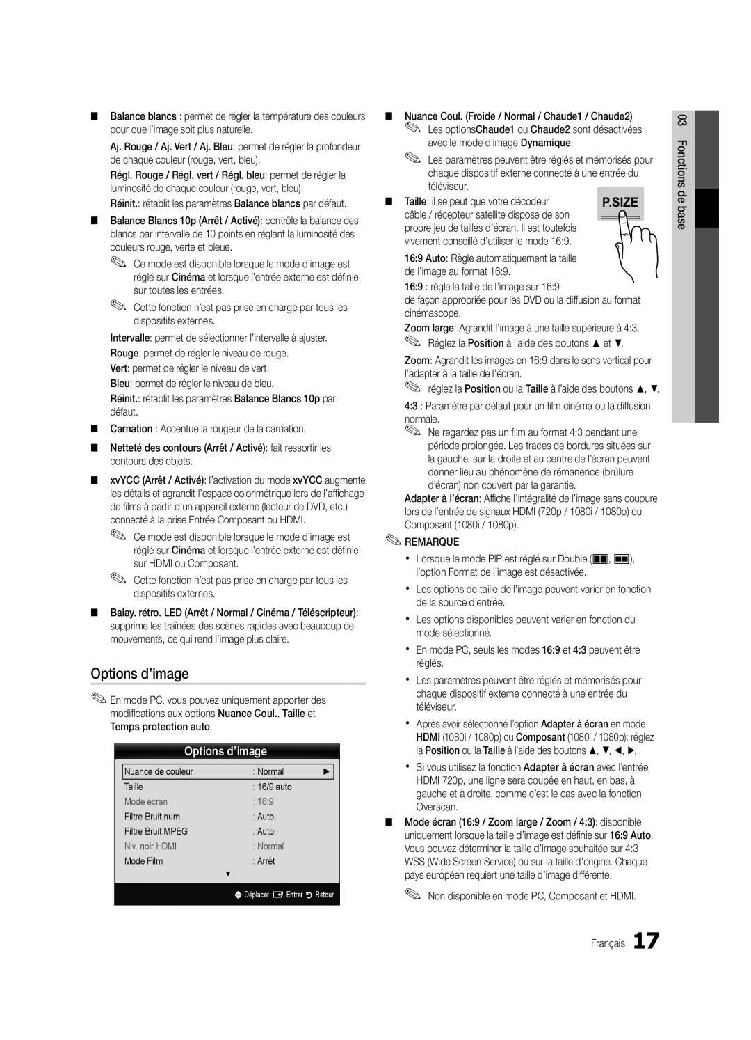 Samsung UE65C8000XWXXC, UE65C8000XWXXH manual Options d’image, Non disponible en mode PC, Composant et Hdmi 