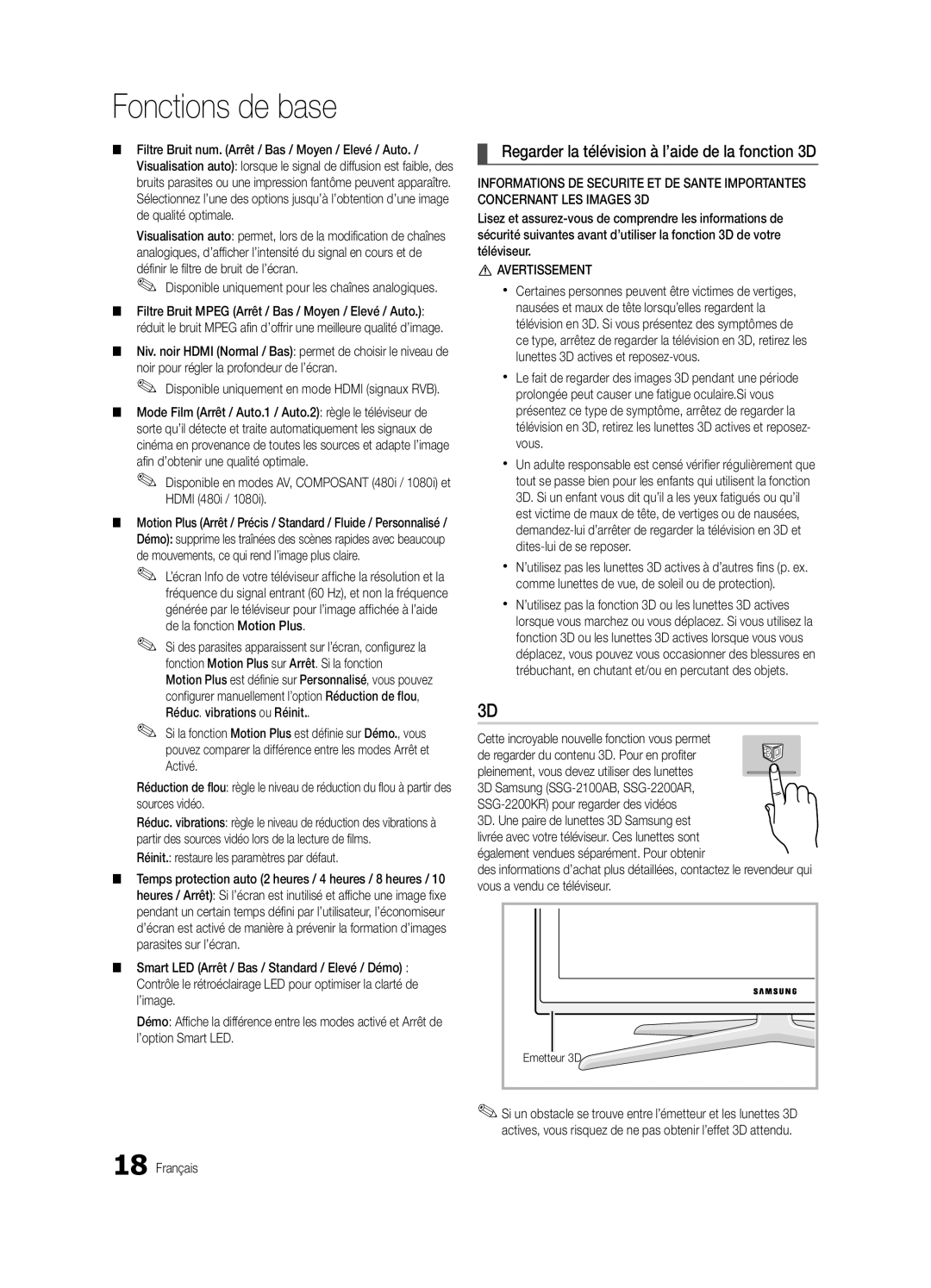 Samsung UE65C8000XWXXH manual Regarder la télévision à l’aide de la fonction 3D, Réinit. restaure les paramètres par défaut 