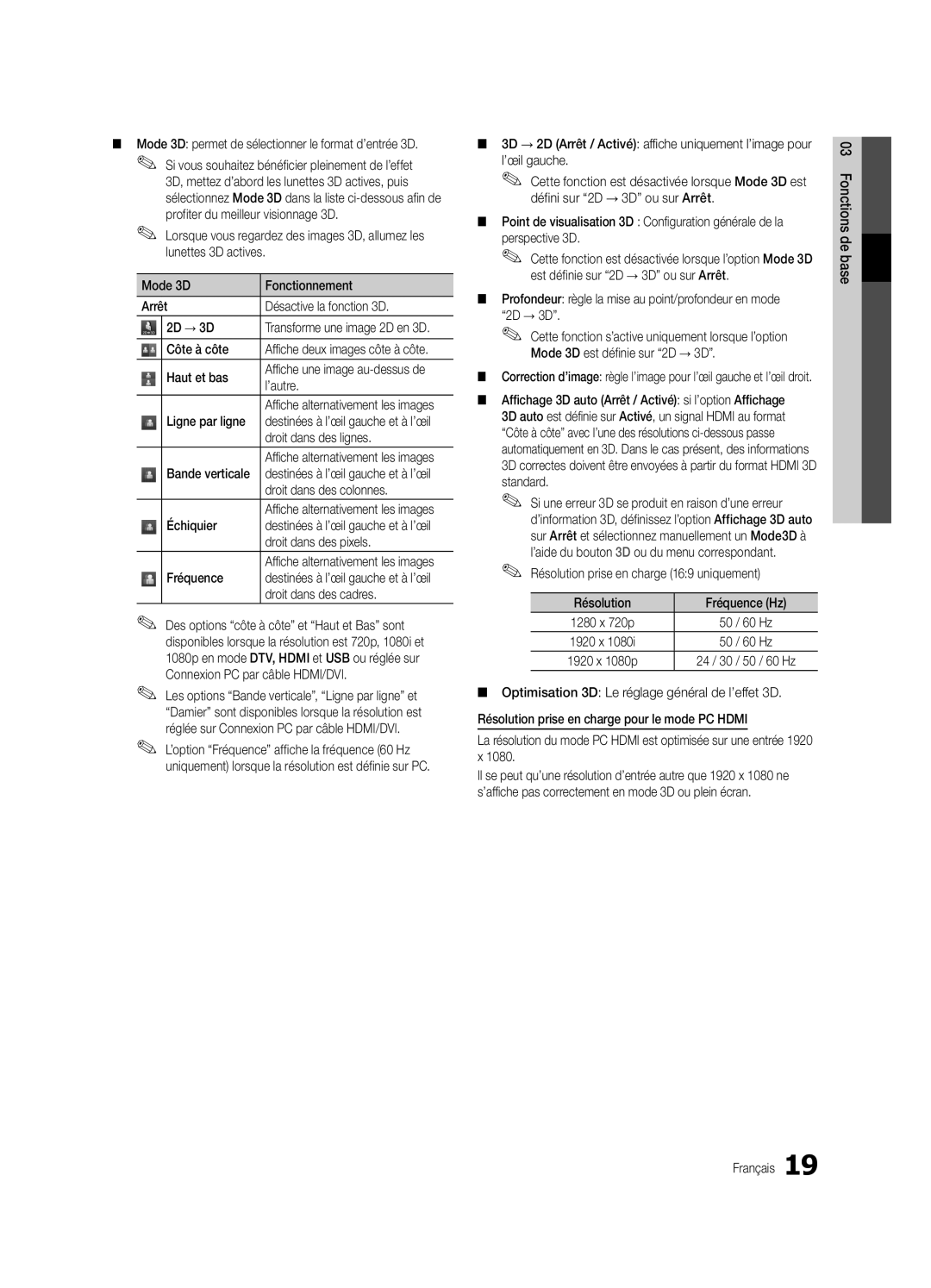 Samsung UE65C8000XWXXC Mode 3D permet de sélectionner le format d’entrée 3D, Côte à côte, Haut et bas, Ligne par ligne 