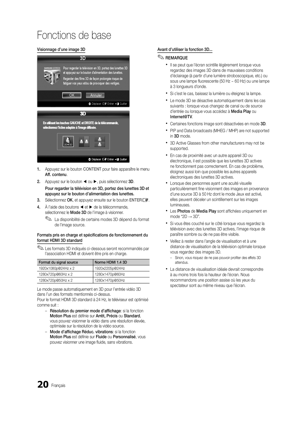 Samsung UE65C8000XWXXH, UE65C8000XWXXC manual Visionnage d’une image 3D, Avant d’utiliser la fonction 3D, OK Annuler 