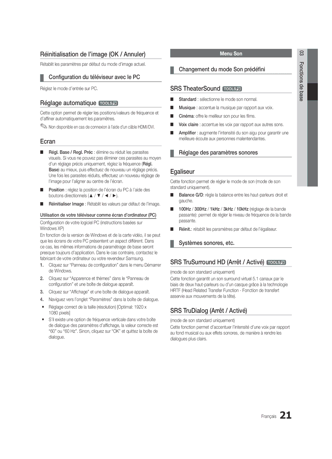 Samsung UE65C8000XWXXC, UE65C8000XWXXH Réinitialisation de l’image OK / Annuler, Réglage automatique t, Ecran, Egaliseur 