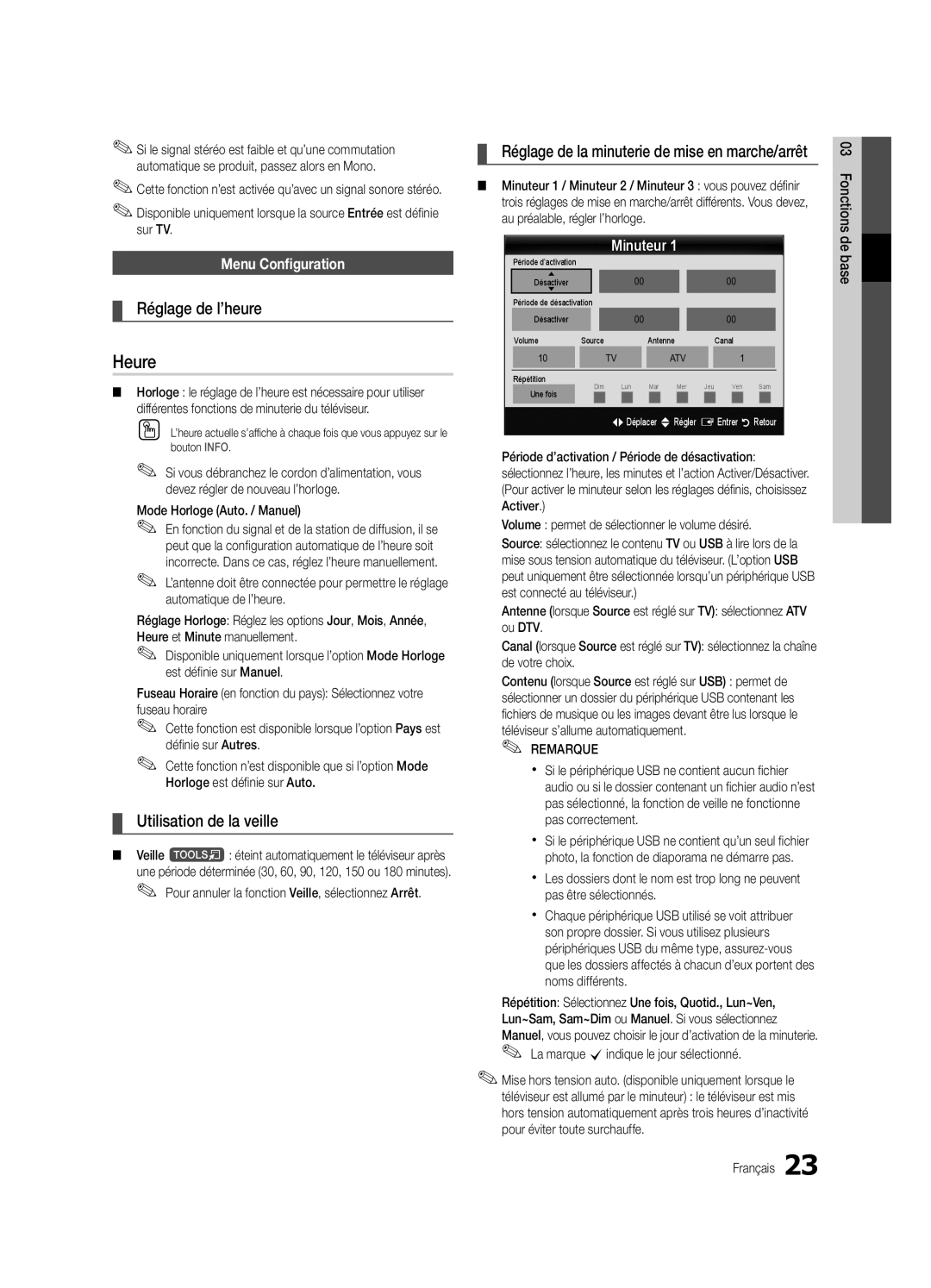 Samsung UE65C8000XWXXC, UE65C8000XWXXH Heure, Réglage de l’heure, Utilisation de la veille, Menu Configuration, Minuteur 