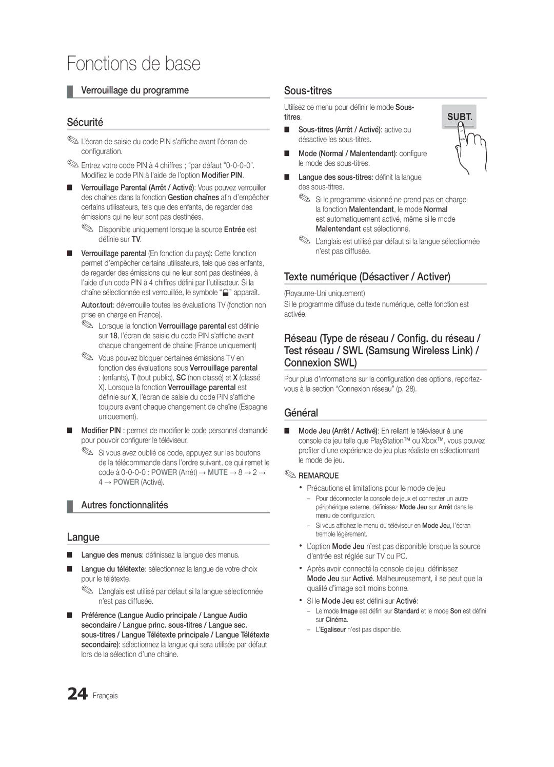 Samsung UE65C8000XWXXH, UE65C8000XWXXC manual Sécurité, Langue, Sous-titres, Texte numérique Désactiver / Activer, Général 