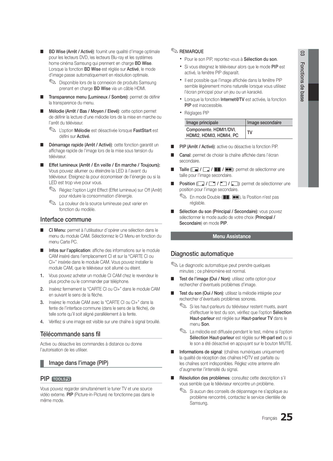 Samsung UE65C8000XWXXC manual Interface commune, Télécommande sans fil, Diagnostic automatique, Image dans l’image PIP 