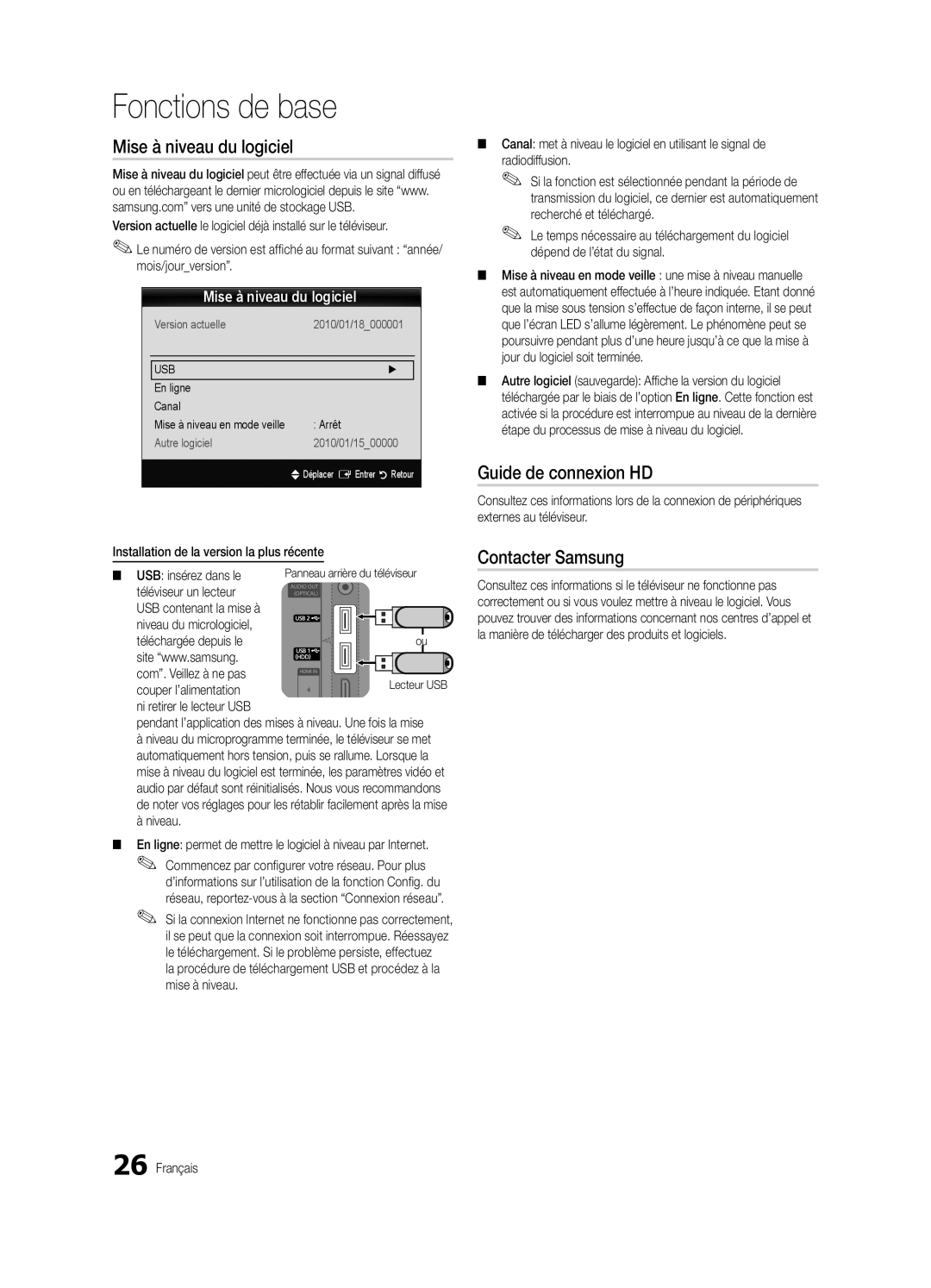 Samsung UE65C8000XWXXH, UE65C8000XWXXC manual Mise à niveau du logiciel, Guide de connexion HD, Contacter Samsung 