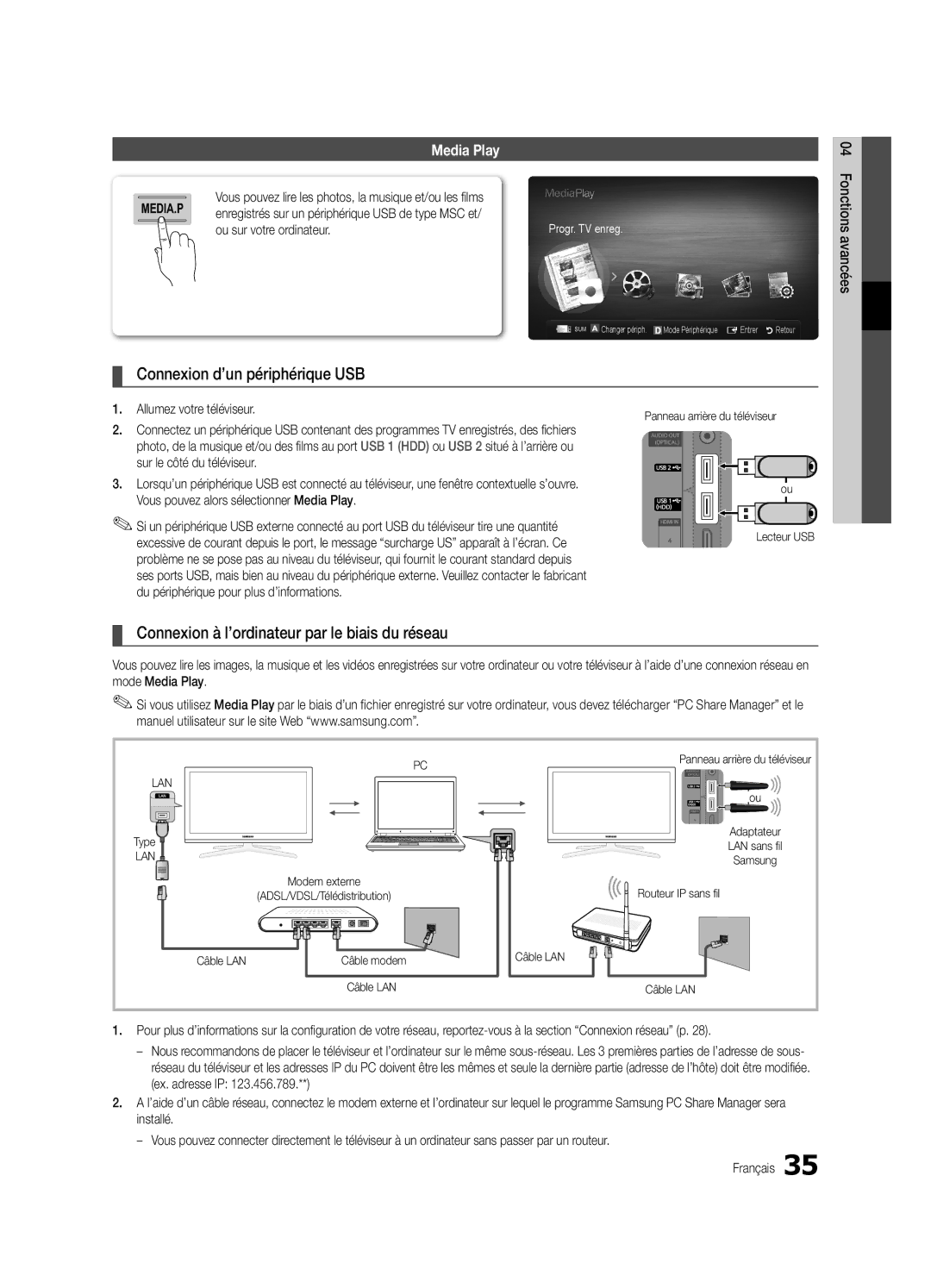 Samsung UE65C8000XWXXC Connexion d’un périphérique USB, Connexion à l’ordinateur par le biais du réseau, Progr. TV enreg 