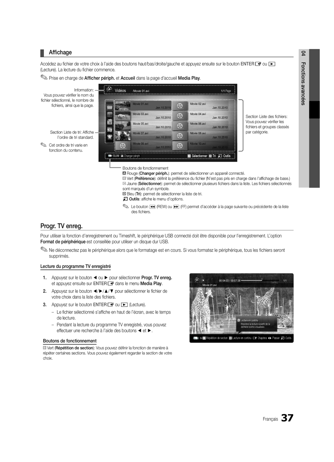 Samsung UE65C8000XWXXC, UE65C8000XWXXH manual Progr. TV enreg, Affichage, Boutons de fonctionnement, Vidéos 