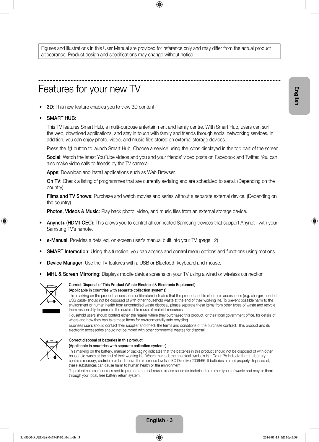 Samsung UE75F8200ATXRU, UE65F8000ATXRU manual Features for your new TV, 3D This new feature enables you to view 3D content 