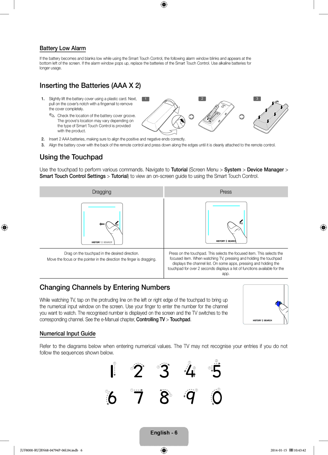 Samsung UE65F8000ATXRU manual Inserting the Batteries AAA X, Using the Touchpad, Changing Channels by Entering Numbers 