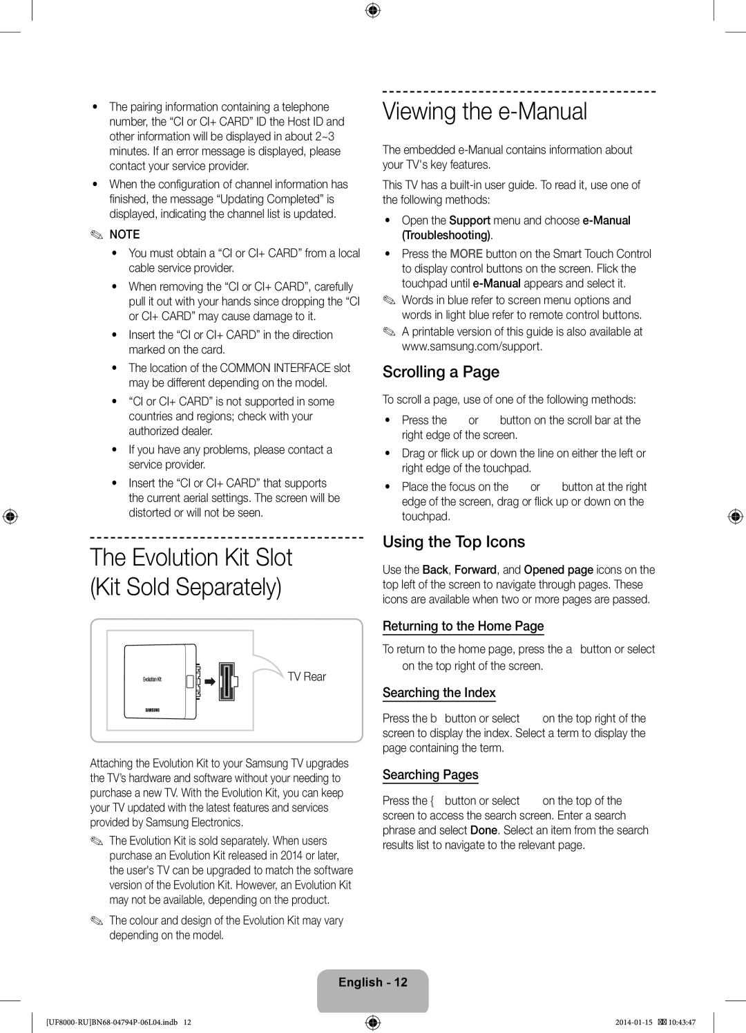 Samsung UE55F8000ATXRU, UE65F8000ATXRU, UE75F8200ATXRU manual Viewing the e-Manual, Scrolling a, Using the Top Icons 