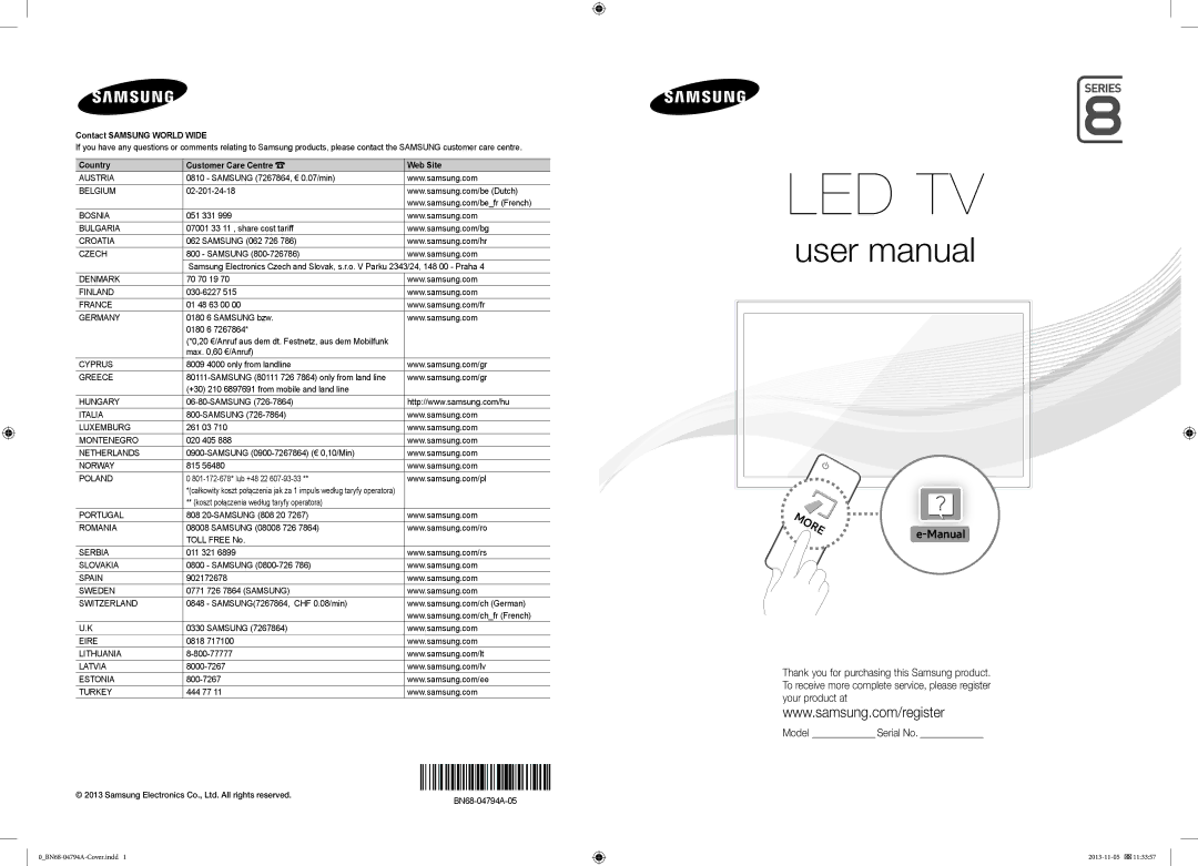 Samsung UE40F7090SLXZG, UE65F9000SLXXC, UE55F7090SLXZG, UE55F7000SLXTK, UE60F7090SLXZG, UE60F7000SLXTK manual Manual 