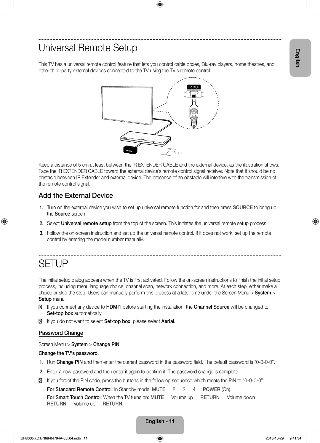 Samsung UE55F8000SLXXH, UE65F8000SLXXH, UE46F8000SLXXH Universal Remote Setup, Add the External Device, Password Change 