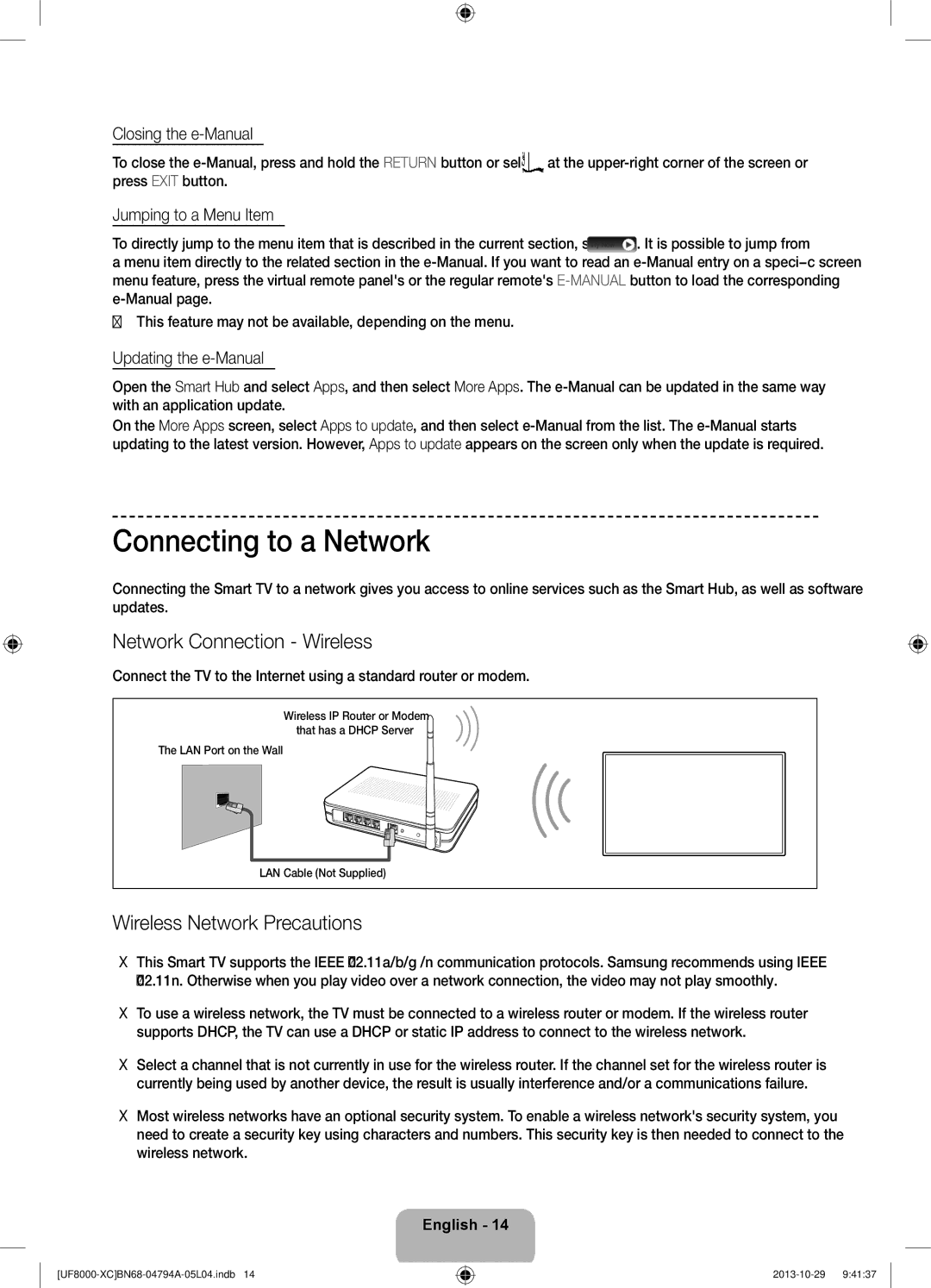 Samsung UE55F8000SLXXC, UE65F8000SLXXH Connecting to a Network, Network Connection Wireless, Wireless Network Precautions 