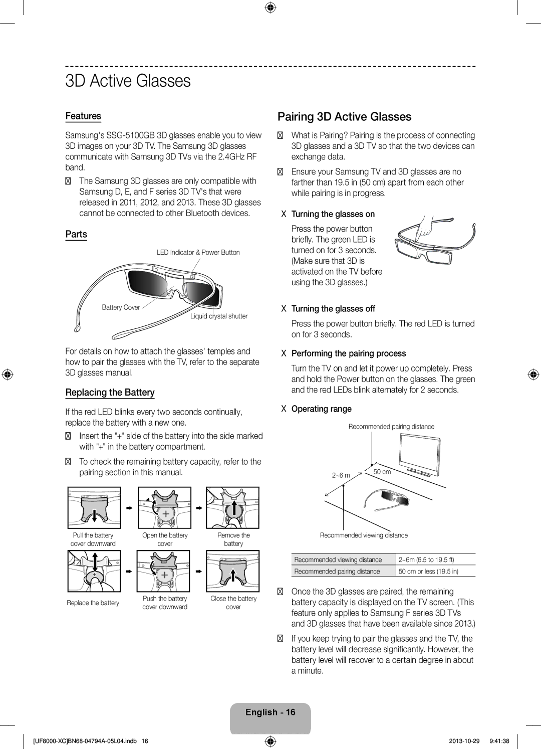 Samsung UE75F8000SLXXC, UE65F8000SLXXH manual Pairing 3D Active Glasses, Features, Parts, Replacing the Battery 