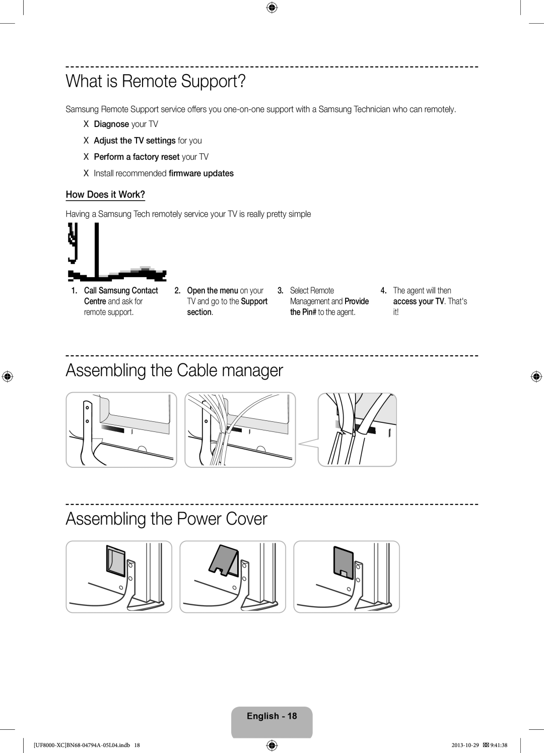 Samsung UE65F8000SLXXH What is Remote Support?, Assembling the Cable manager Assembling the Power Cover, How Does it Work? 