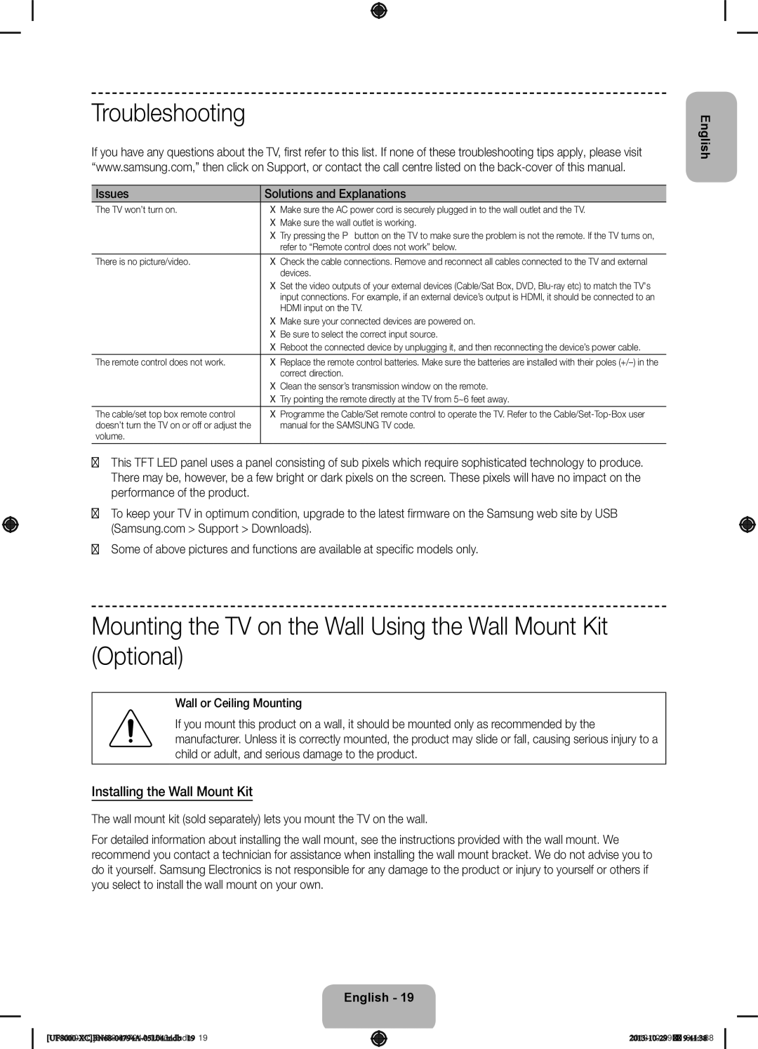 Samsung UE46F8000SLXXH, UE65F8000SLXXH Troubleshooting, Installing the Wall Mount Kit, Issues Solutions and Explanations 