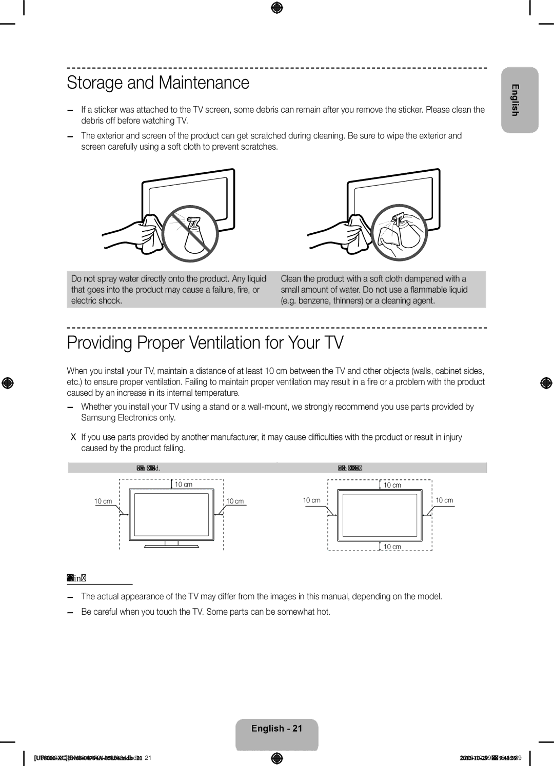 Samsung UE65F8000SLXXC, UE65F8000SLXXH Storage and Maintenance, Providing Proper Ventilation for Your TV, Other Warnings 