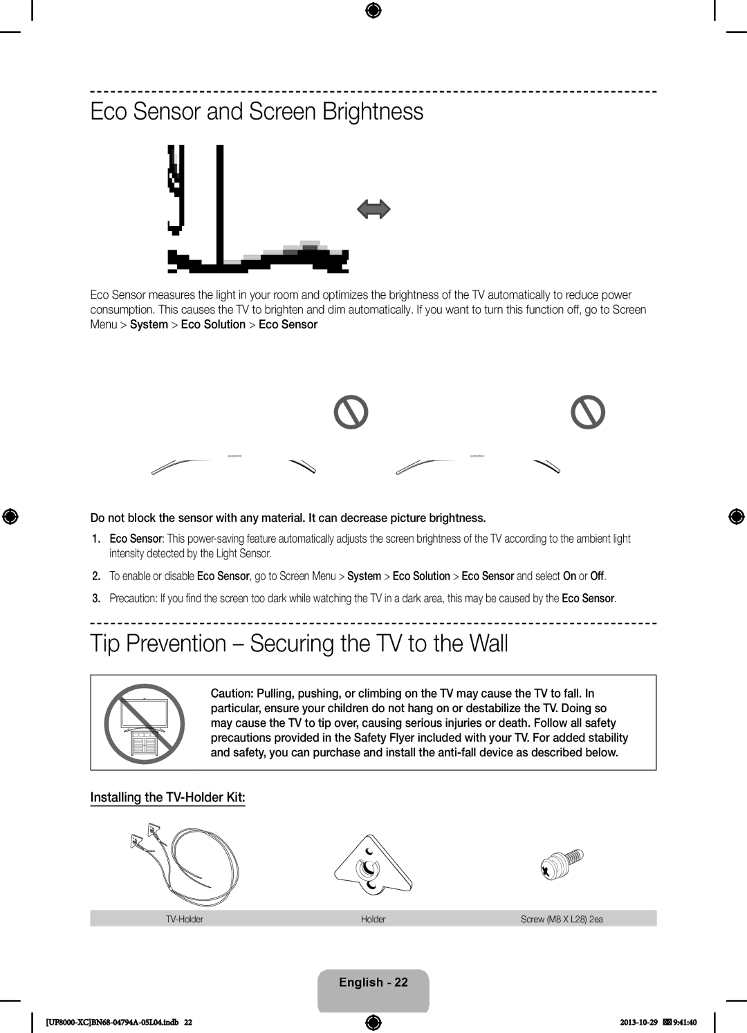 Samsung UE40F8000SLXXC manual Eco Sensor and Screen Brightness, Tip Prevention Securing the TV to the Wall, TV-Holder 