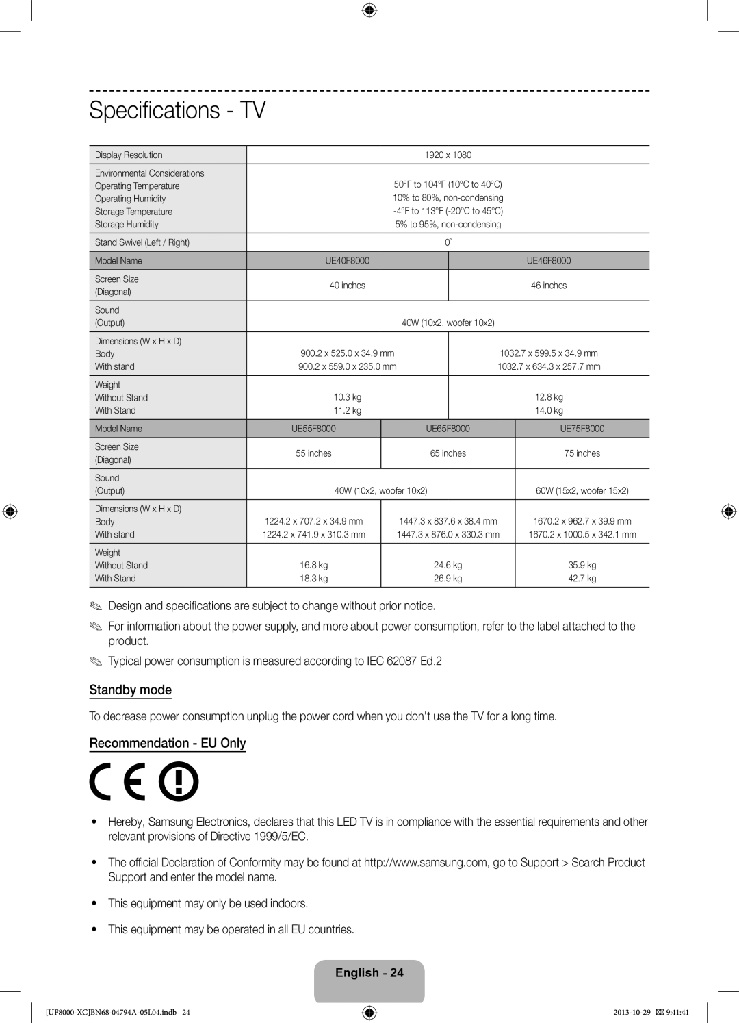 Samsung UE46F8000SLXXC, UE65F8000SLXXH, UE46F8000SLXXH, UE55F8000SLXXH, UE65F8000SLXXC, UE40F8000SLXXC manual Standby mode 