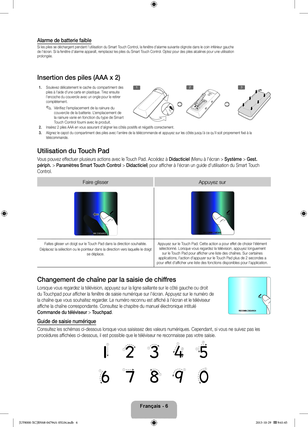 Samsung UE65F8000SLXXC Insertion des piles AAA x, Utilisation du Touch Pad, Changement de chaîne par la saisie de chiffres 