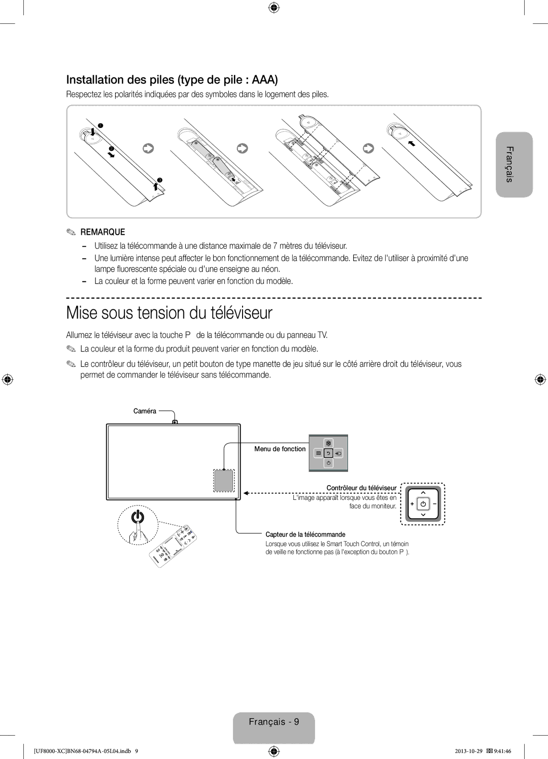 Samsung UE46F8000SLXXC, UE65F8000SLXXH Mise sous tension du téléviseur, Installation des piles type de pile AAA, Remarque 