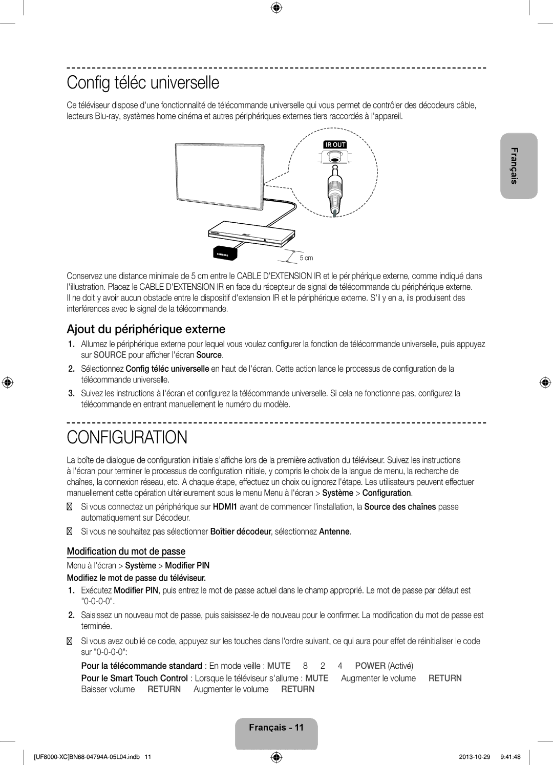 Samsung UE75F8000SLXXH manual Config téléc universelle, Ajout du périphérique externe, Modification du mot de passe 