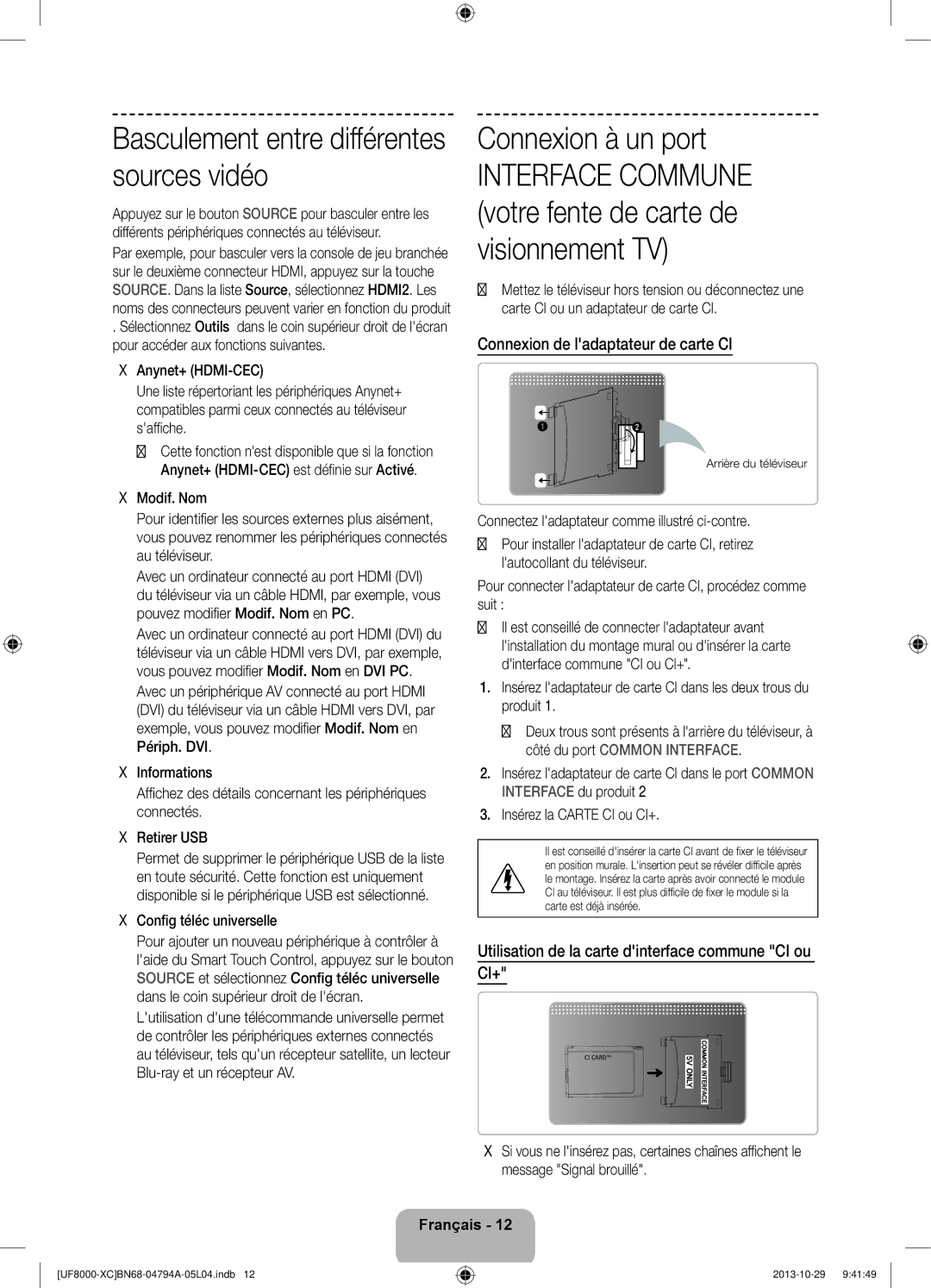 Samsung UE65F8000SLXXH, UE46F8000SLXXH Connexion à un port, Connexion de ladaptateur de carte CI, Config téléc universelle 