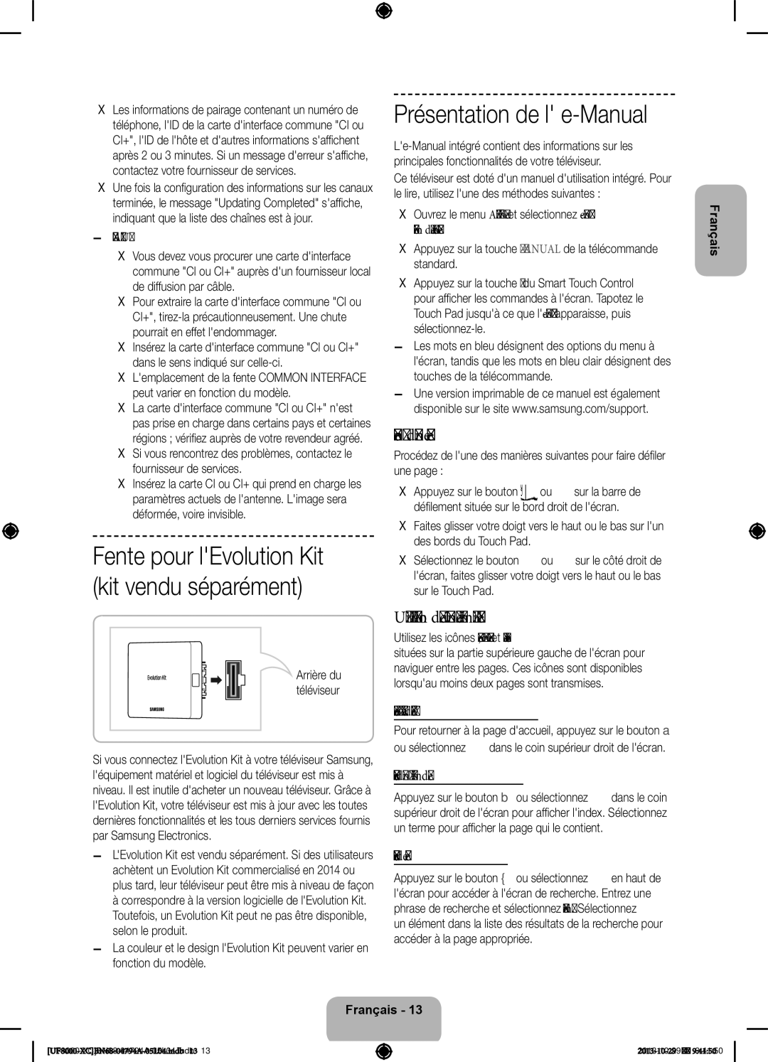 Samsung UE46F8000SLXXH, UE65F8000SLXXH Présentation de l e-Manual, Défilement dune, Utilisation des icônes principales 